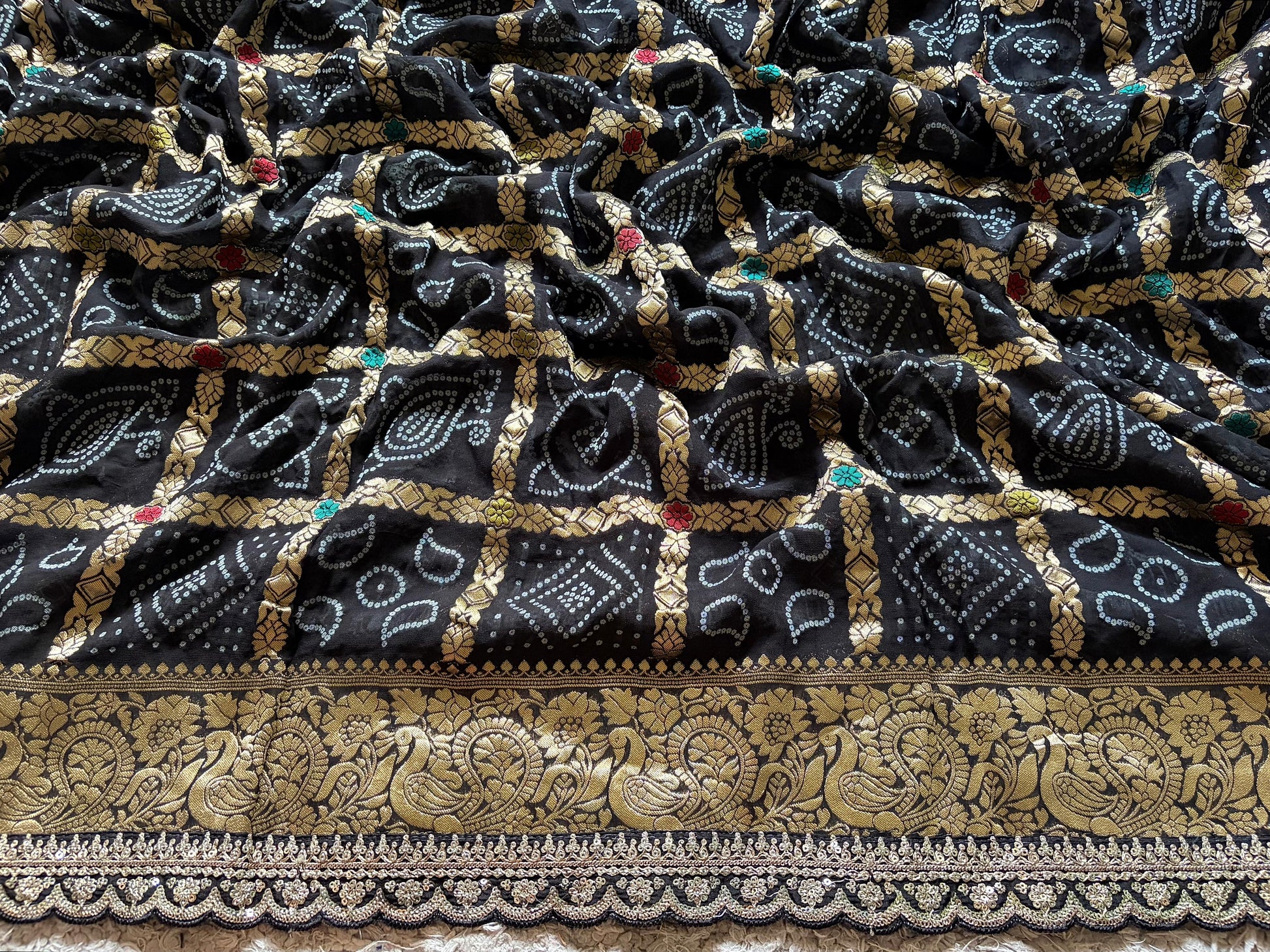 Black bandhani saree premium Banarsi saree gorgette sari blouse Saffronfashionindia