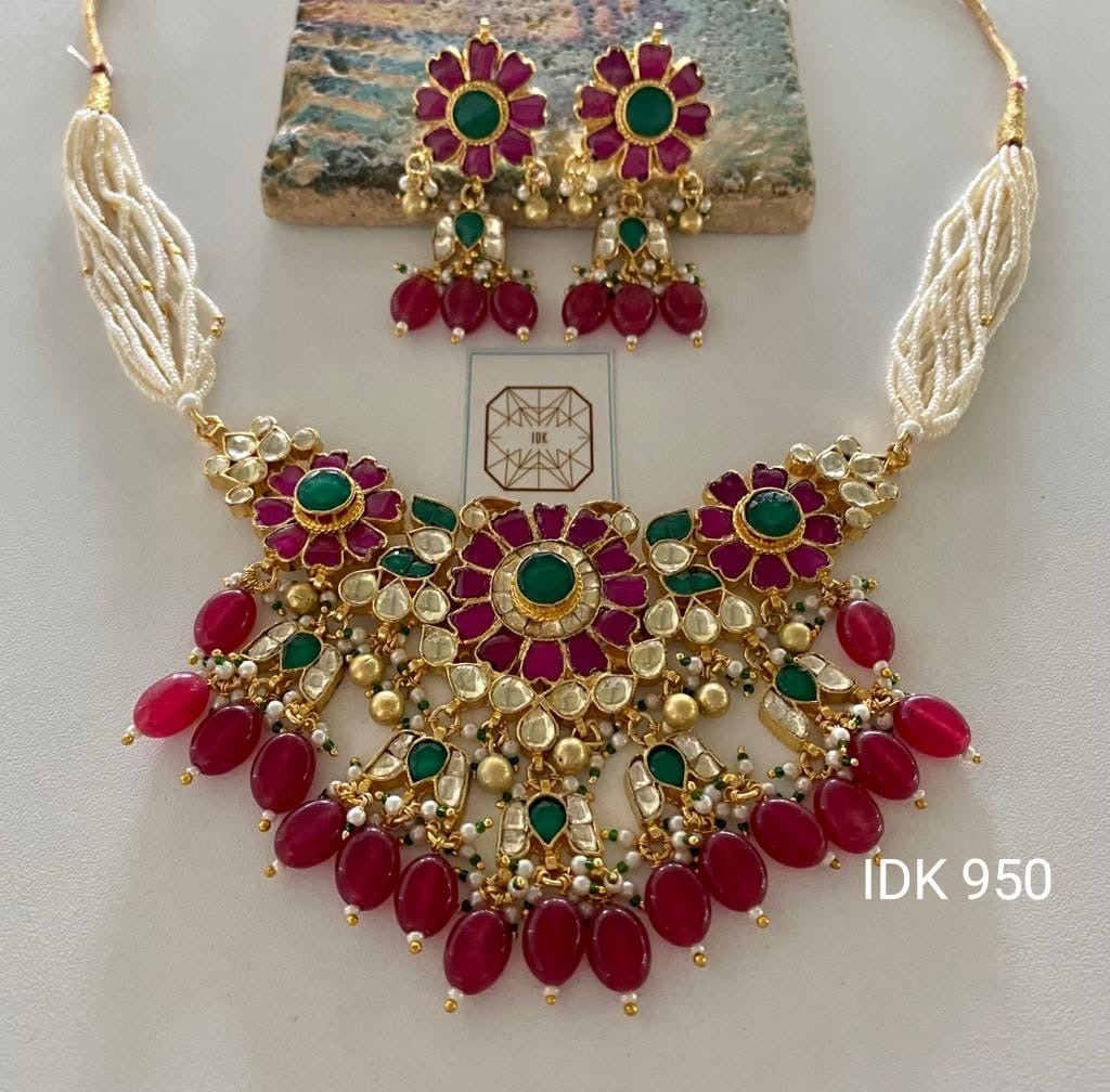 Red pearl Kundan necklace set Indian necklace - Saffronfashionindia