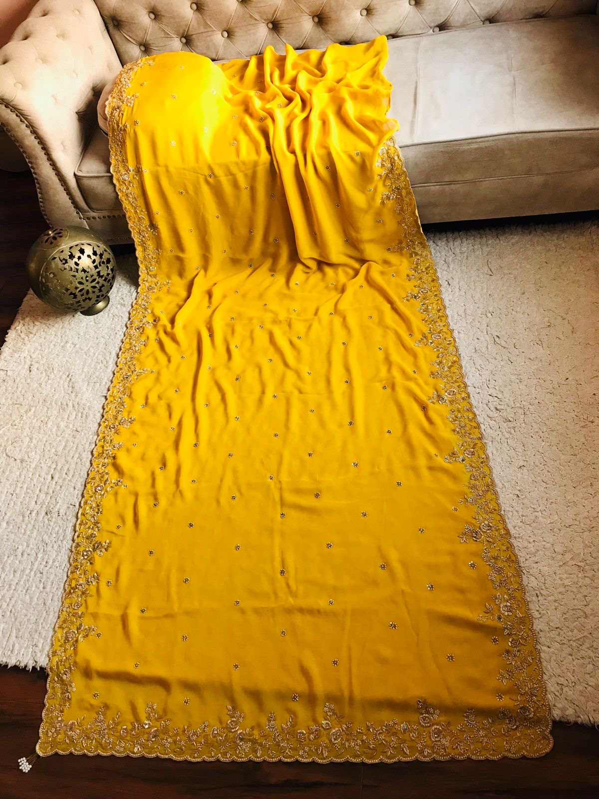 Luxurious Yellow Premium Gorgette Vintage Sarees - Saffronfashionindia