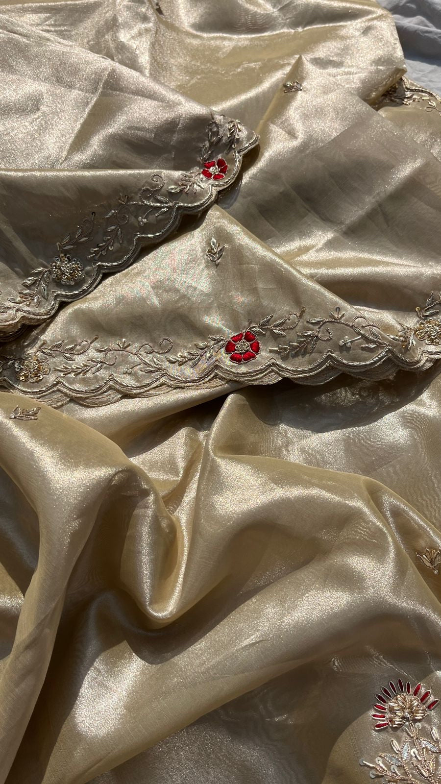 Wedding celebrity inspired tissue zari embroidered Sarees - Saffronfashionindia