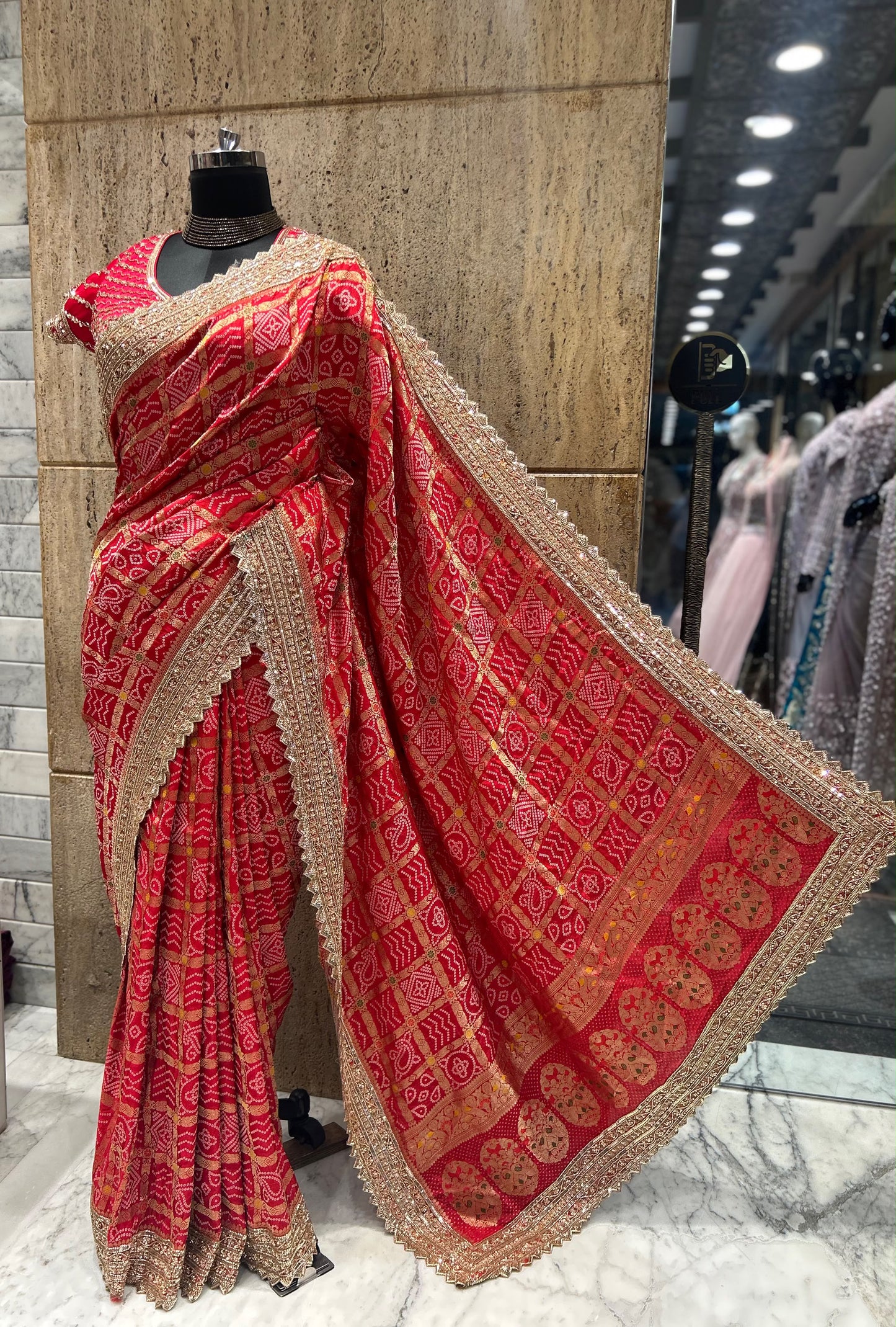 Red Bandhej saree Indian  sari blouse traditional sarees SaffronFashion