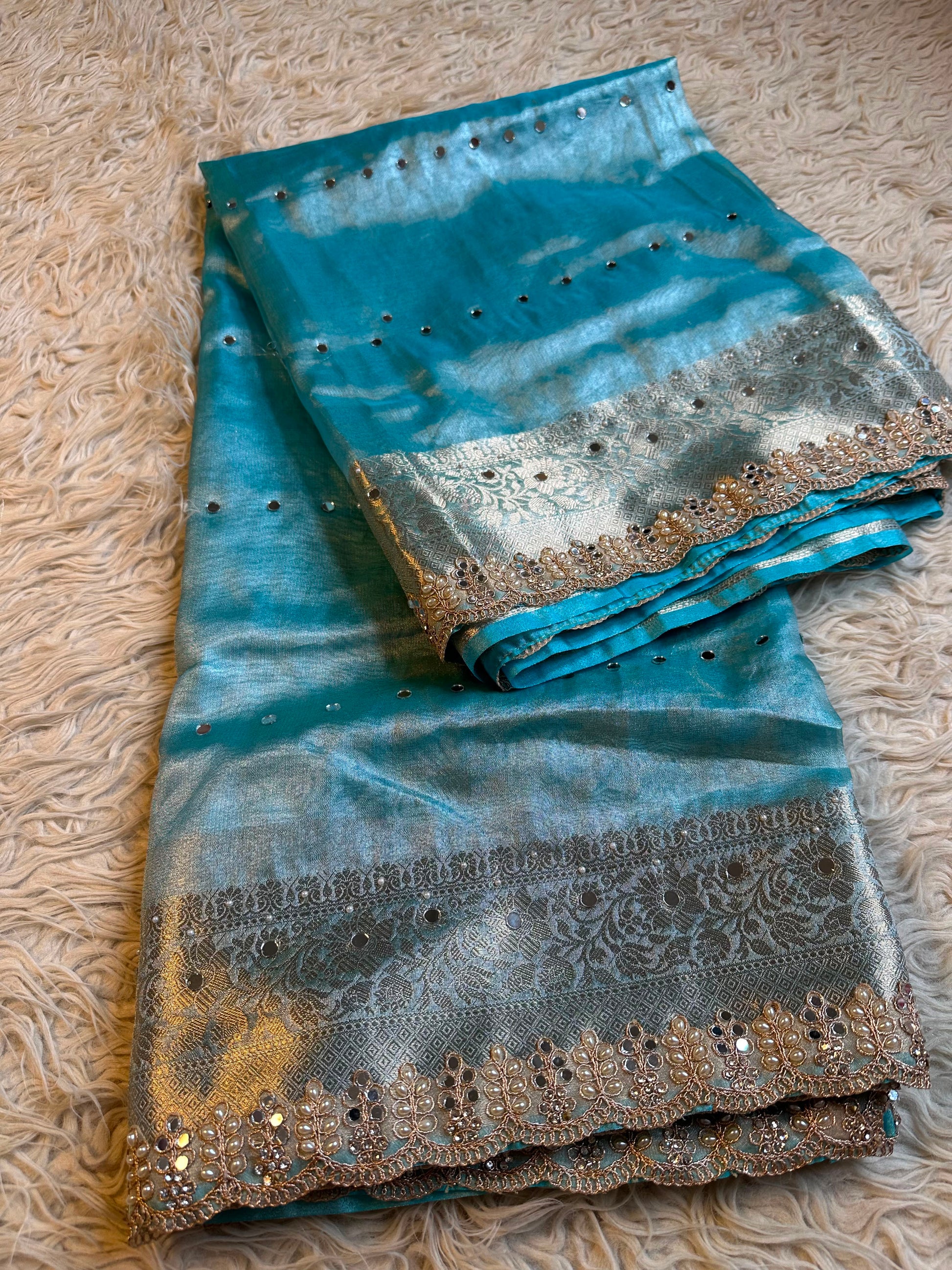 Firoza blue saree Banarsi tissue sarees Indian sari blouse SaffronFashion