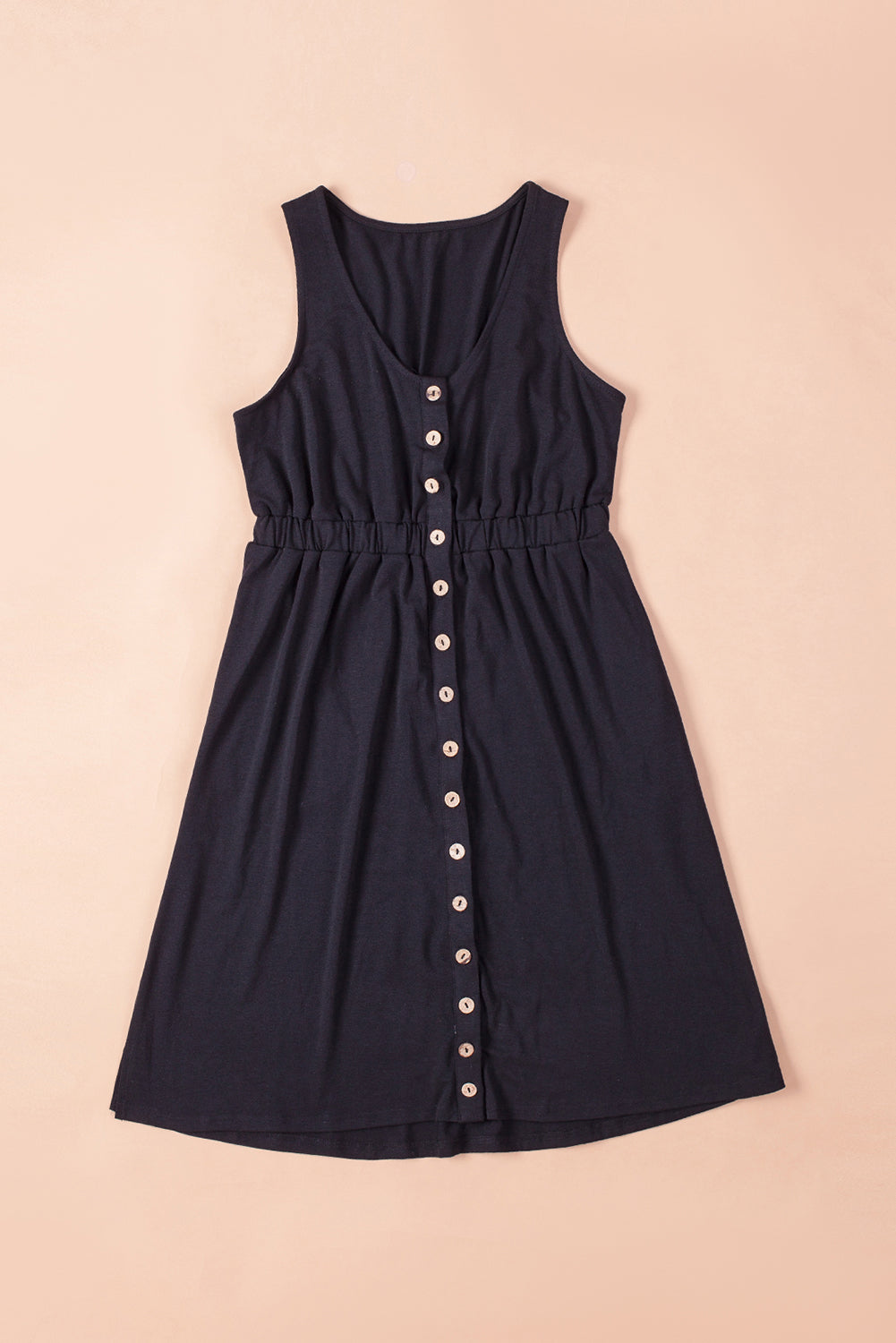 Button Front Shirred Waist Casual Tank Summer Black Dress - Saffronfashionindia