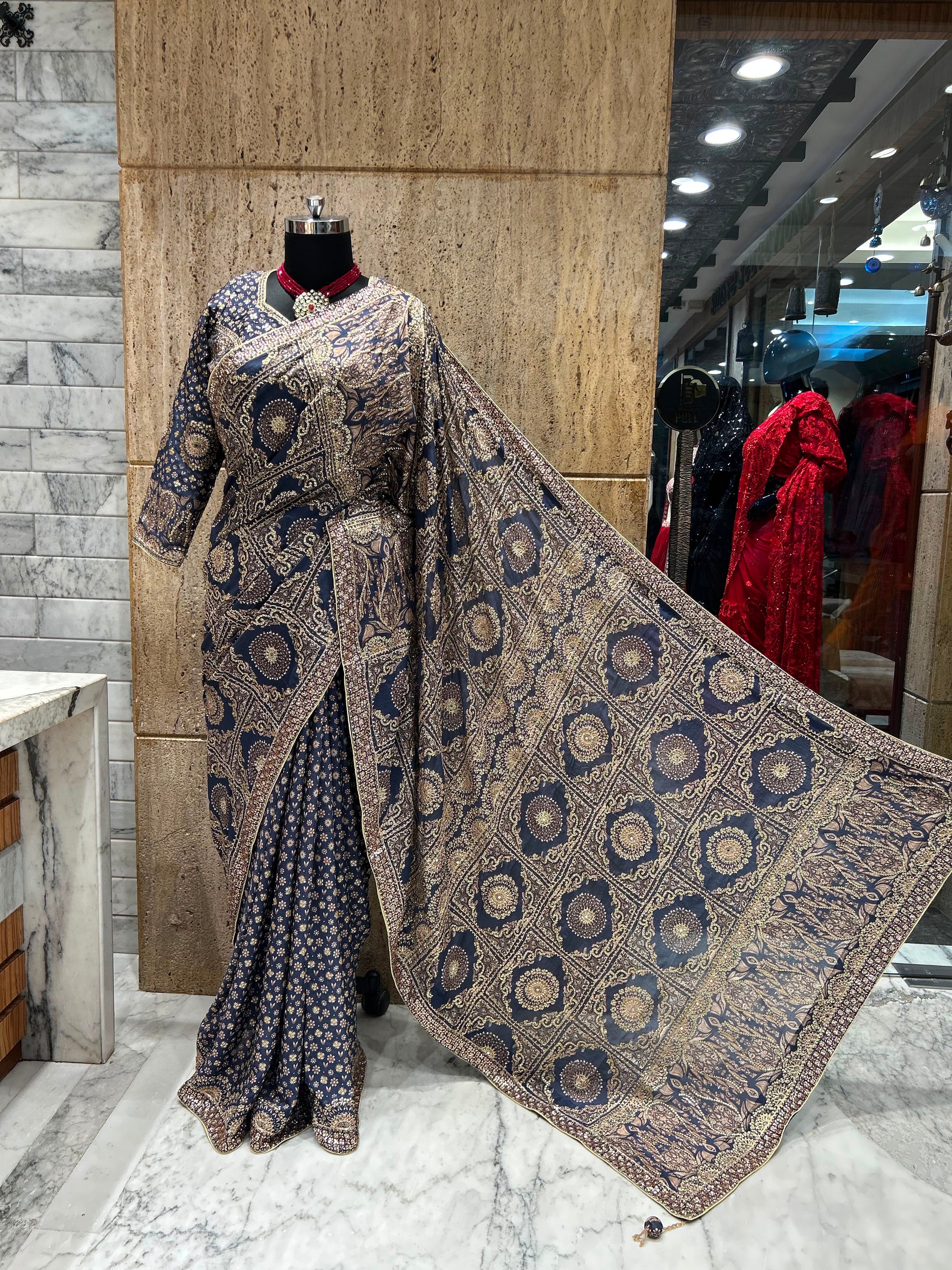 Navy blue saree designer sarees Chinon silk sari blouse women sarees Saffronfashionindia