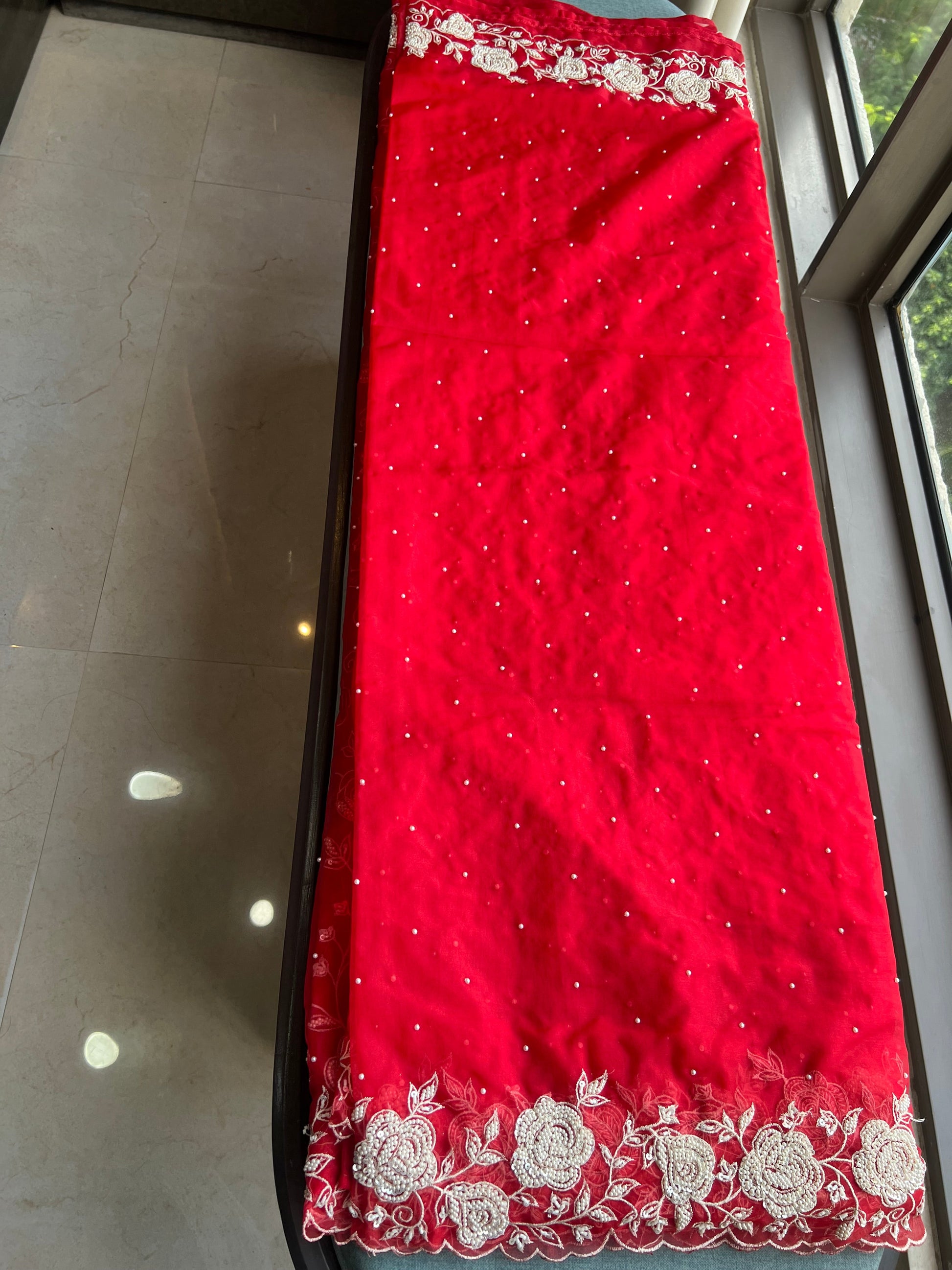 Red pearl bridal saree organza saree reception saree blouse SaffronFashion