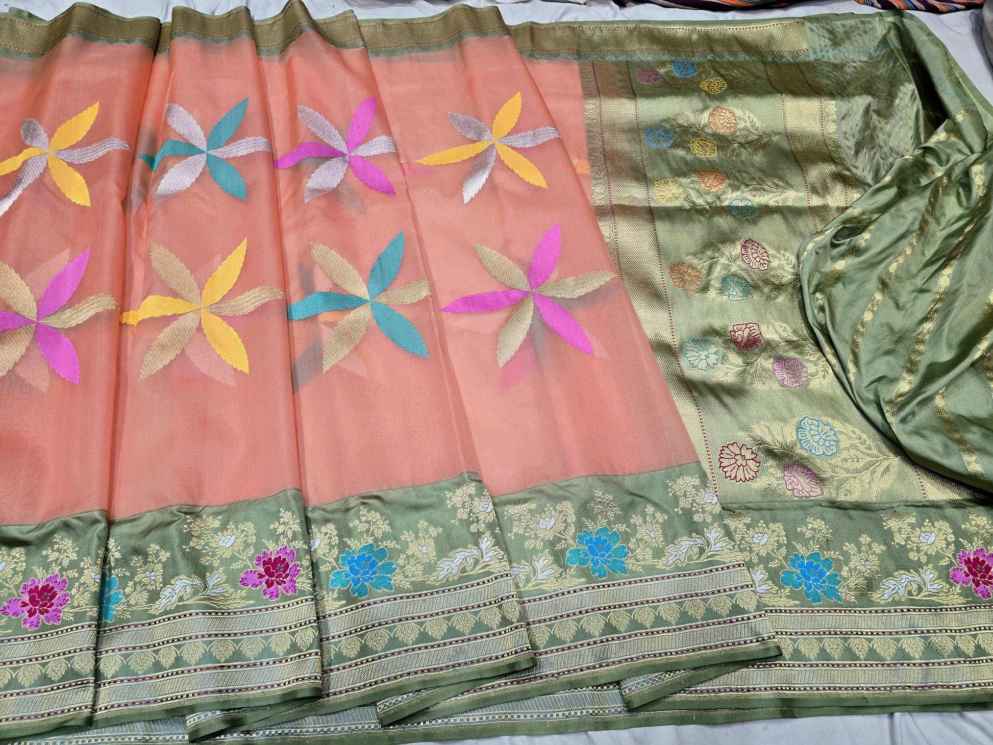 Peach saree Kora iktara sarees blouse Indian sari SaffronFashion