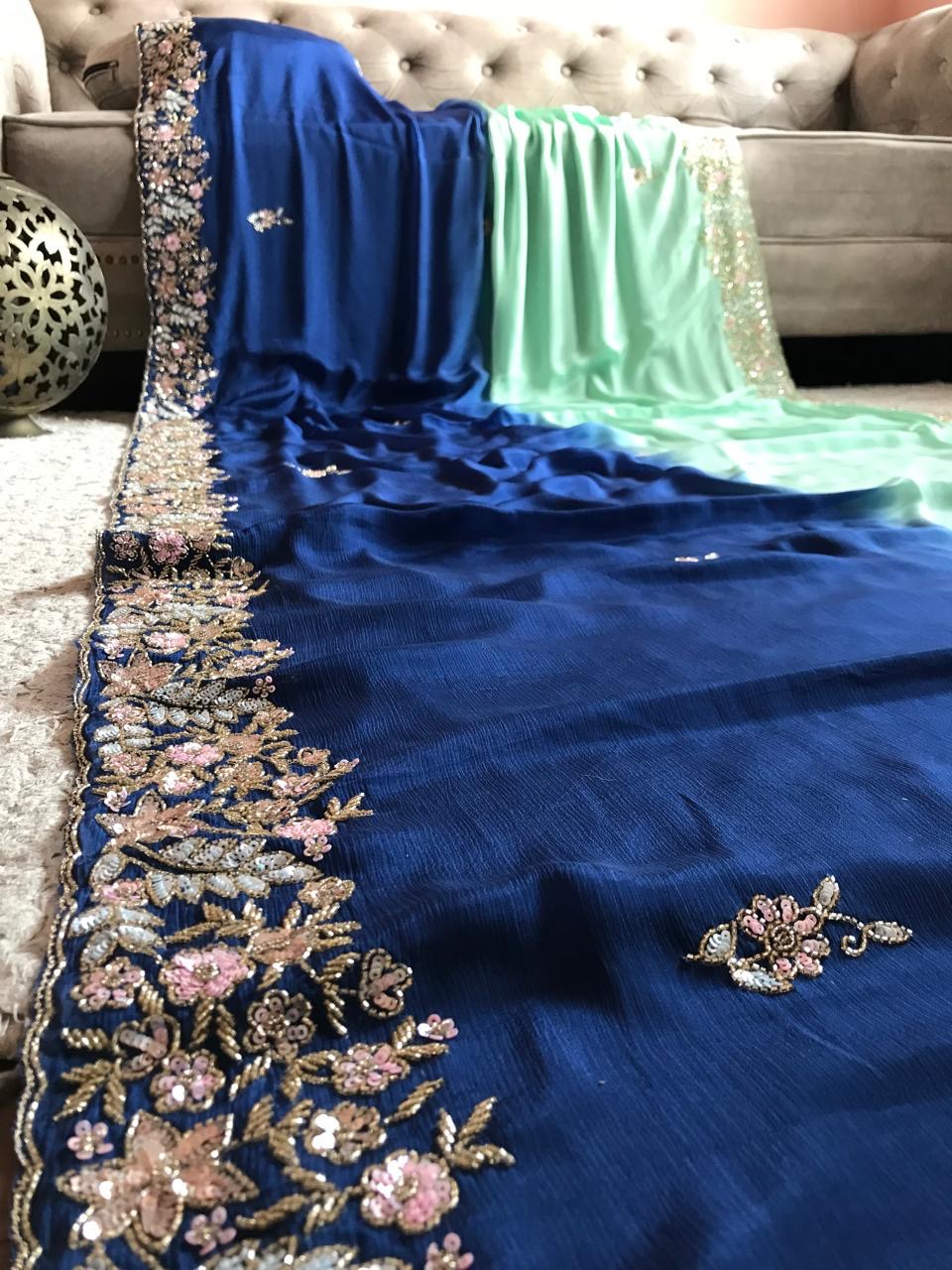 Chinon crepe saree draping saree shaded saree - Saffronfashionindia
