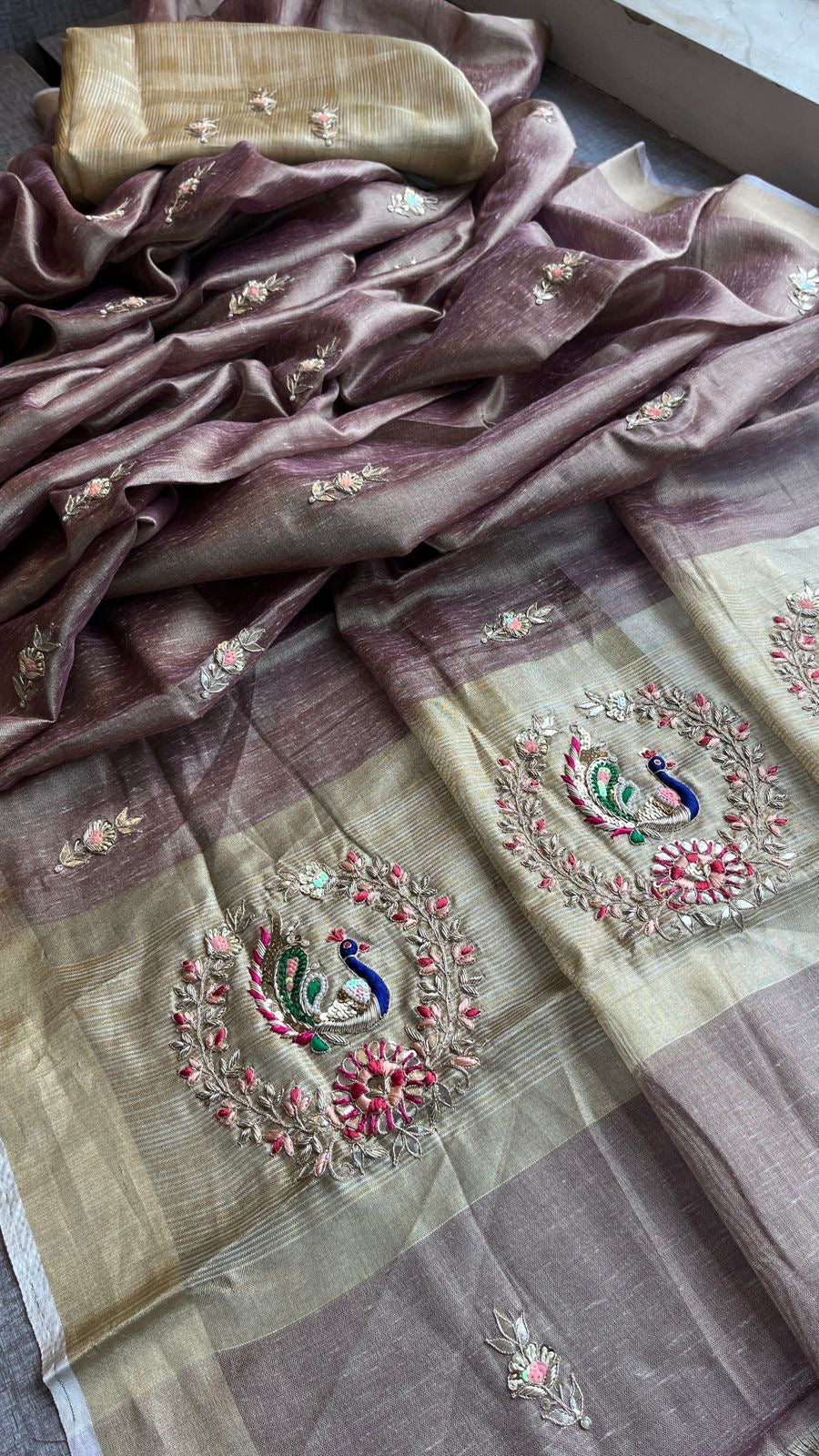 Peacock inspired tissue silk saree linen saree SaffronFashion