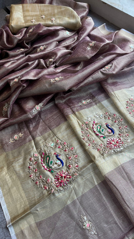 Peacock inspired tissue silk saree linen saree SaffronFashion
