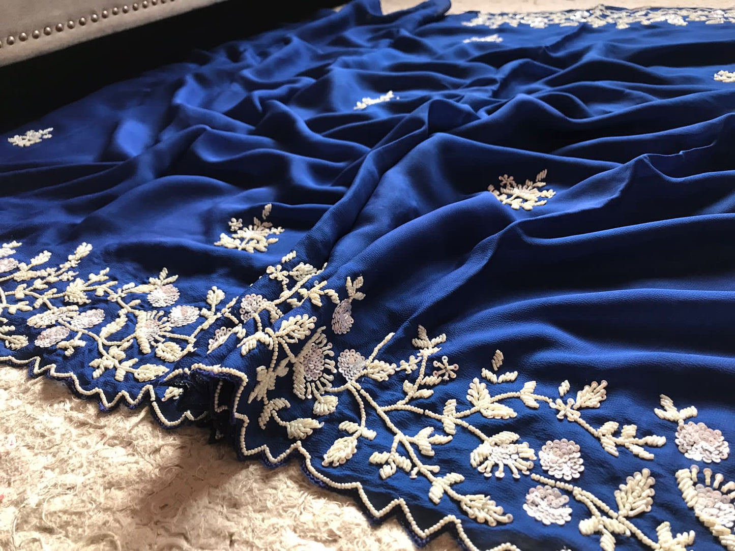 Pearl Elegabt Blue Gorgette women Saree - Saffronfashionindia