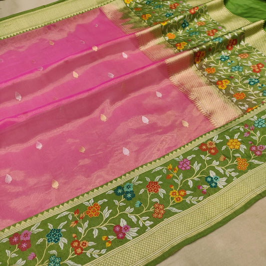 Pink tissue saree handwoven saree blouse SaffronFashion