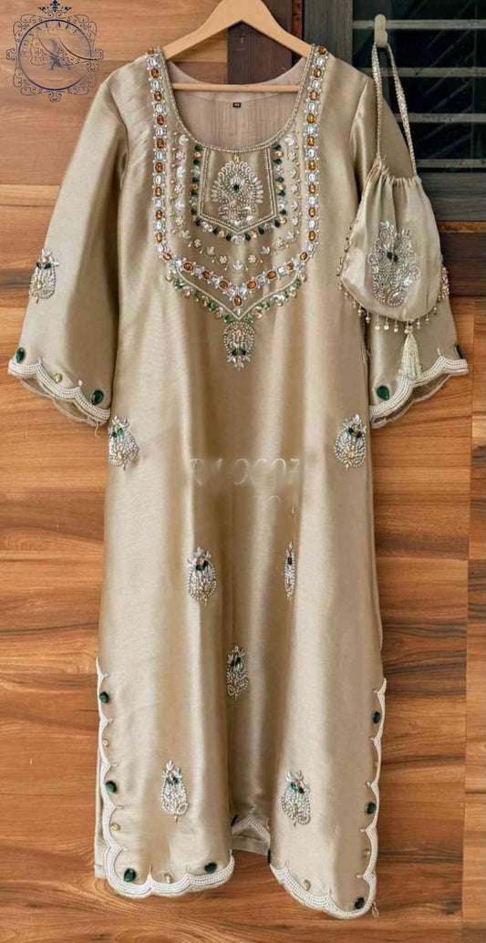 Hand embroidered designer dress partywear shirt dress with potli SaffronFashion