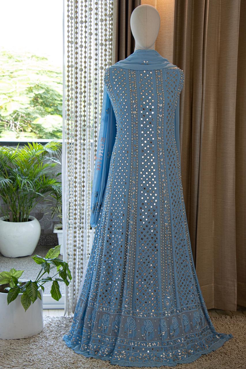 Cruise blue Chikankari Lucknowi Dress - Saffronfashionindia