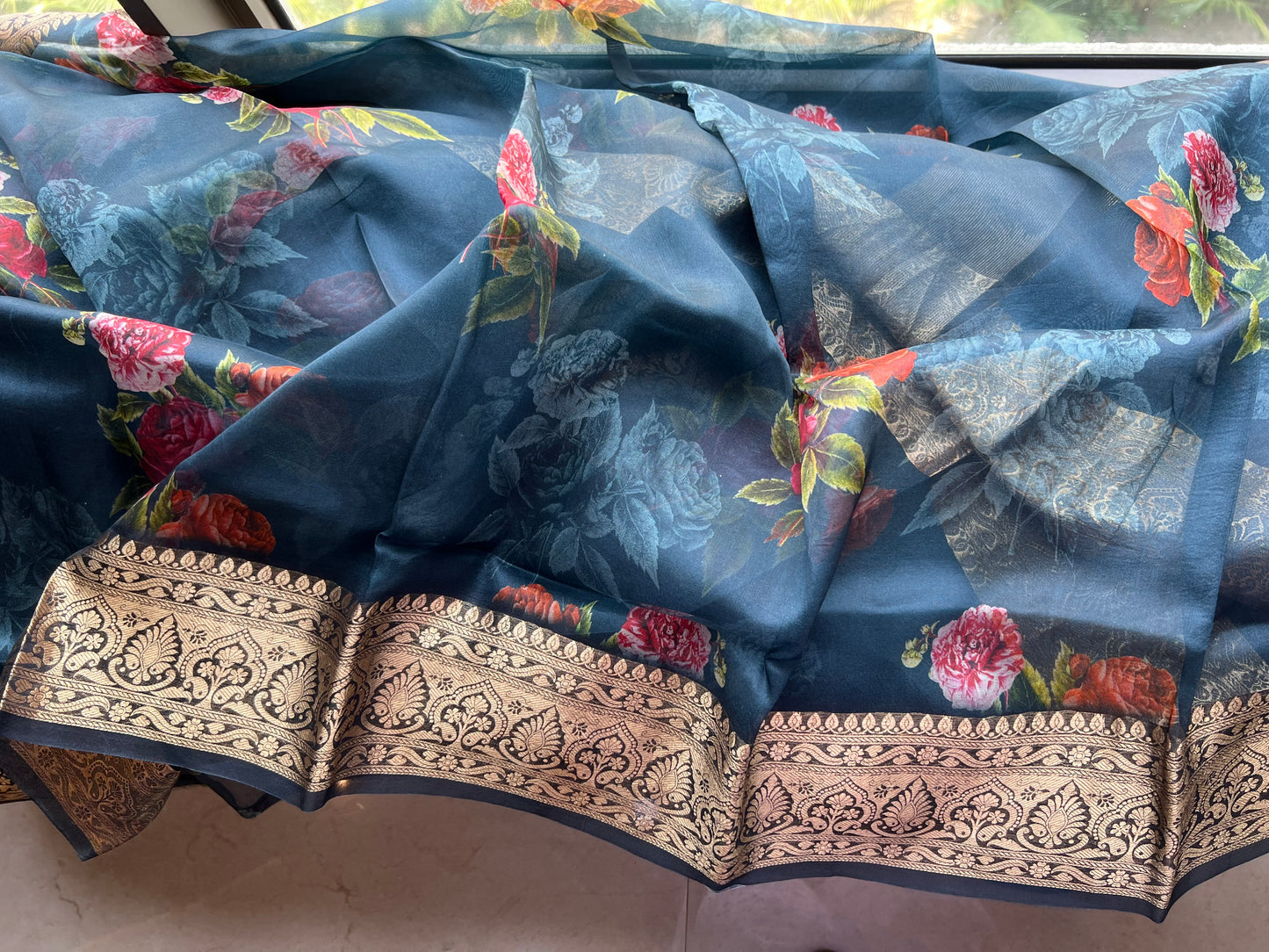 Kivashi Saree organza saree floral saree sabyasachi bordered sari blouse - Saffronfashionindia