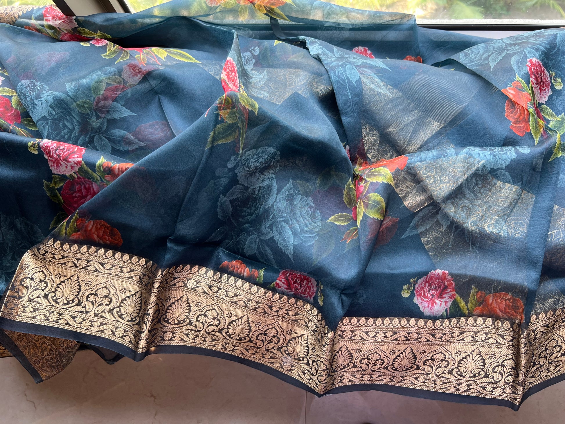 Kivashi Saree organza saree floral saree sabyasachi bordered sari blouse - Saffronfashionindia
