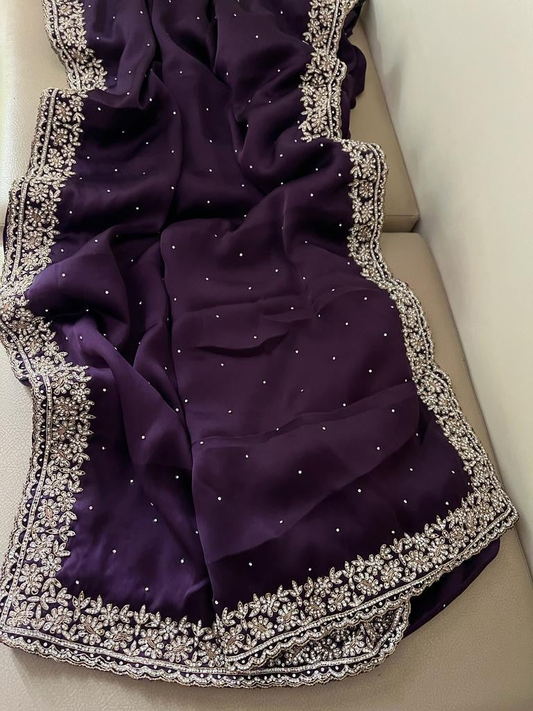 Crepe Satin Zardosi Wedding Saree Women Sari - Saffronfashionindia
