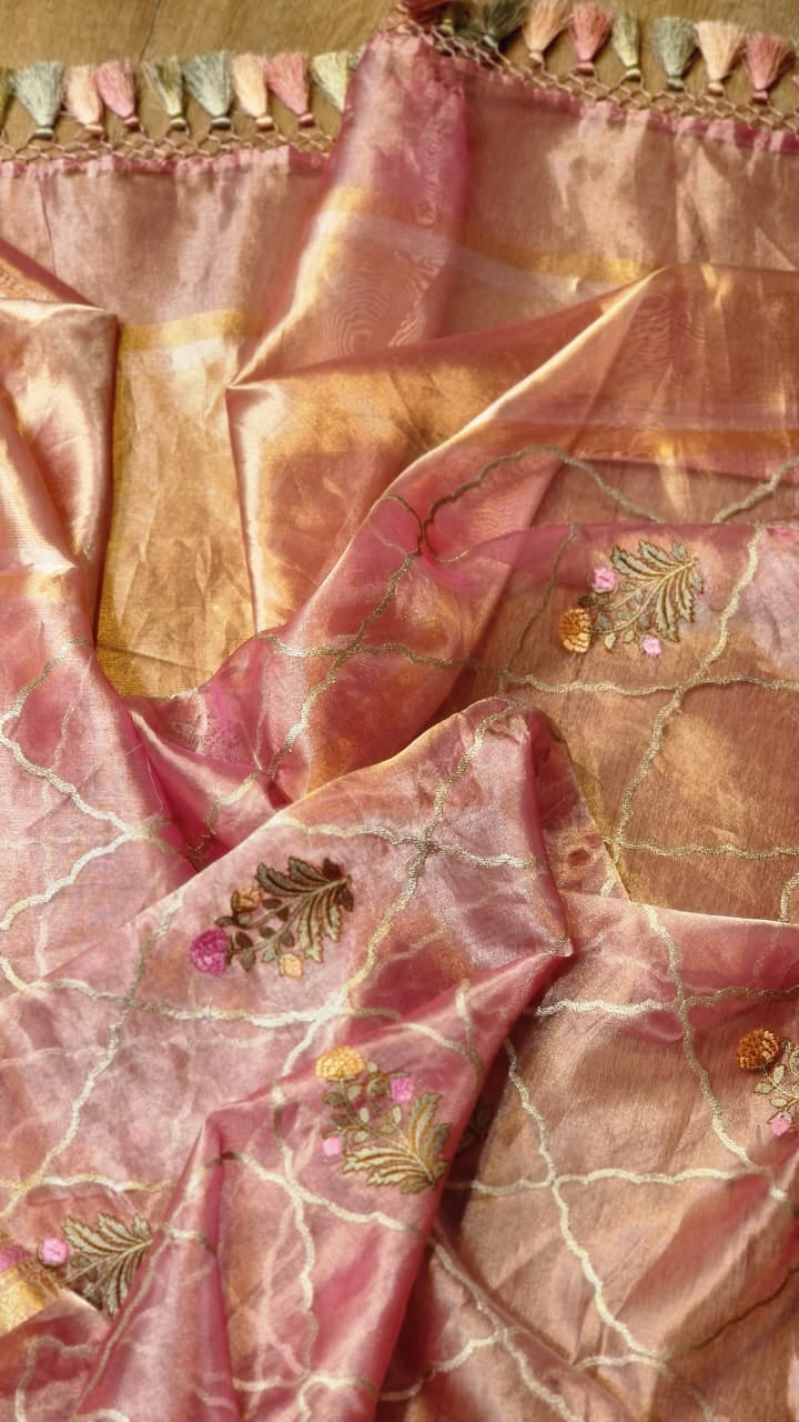 Pink Banarsi organza tissue silk sarees - Saffronfashionindia