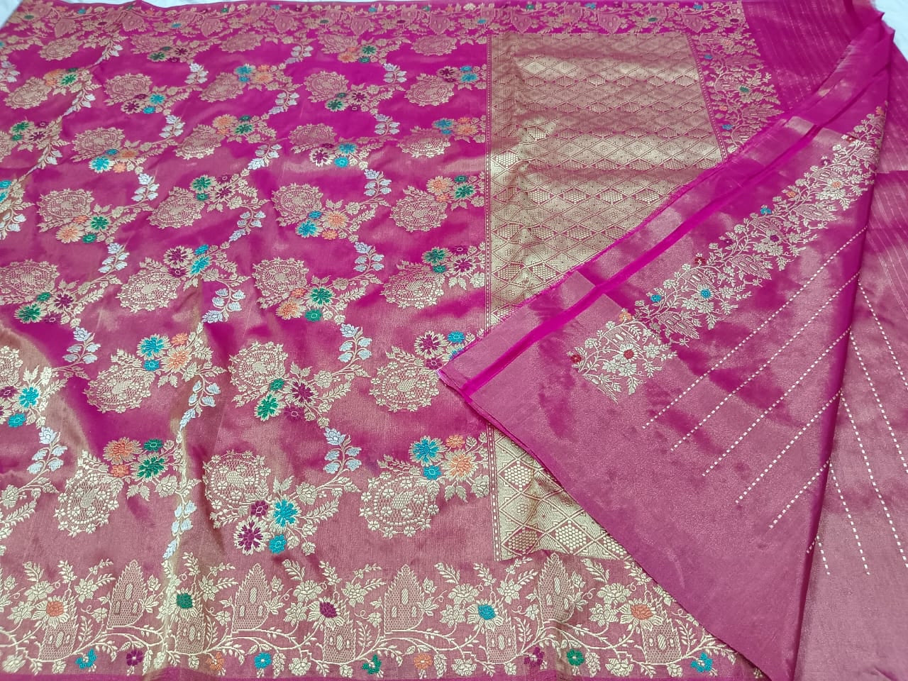 Tissue handwoven pink premium bridal saree - Saffronfashionindia
