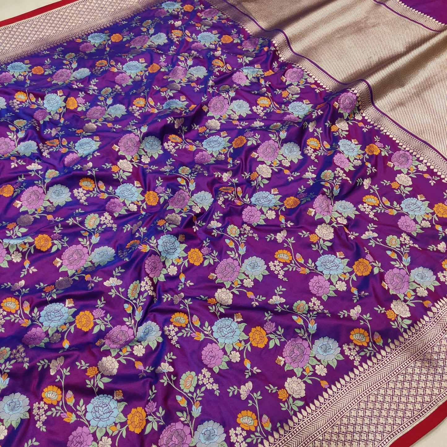 Purple floral katan silk saree handwoven sarees handloom sari SaffronFashion