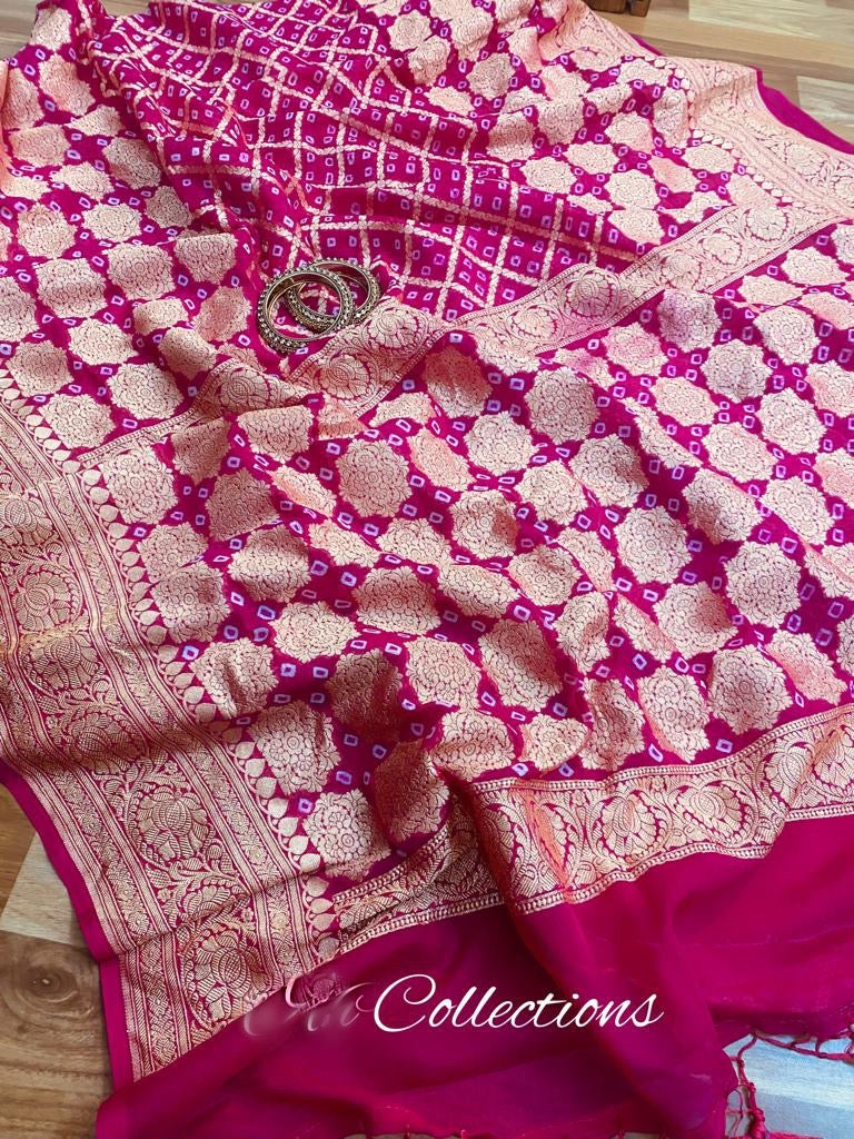 Pinash banarsi handwoven Bandhani Gorgette sarees - Saffronfashionindia