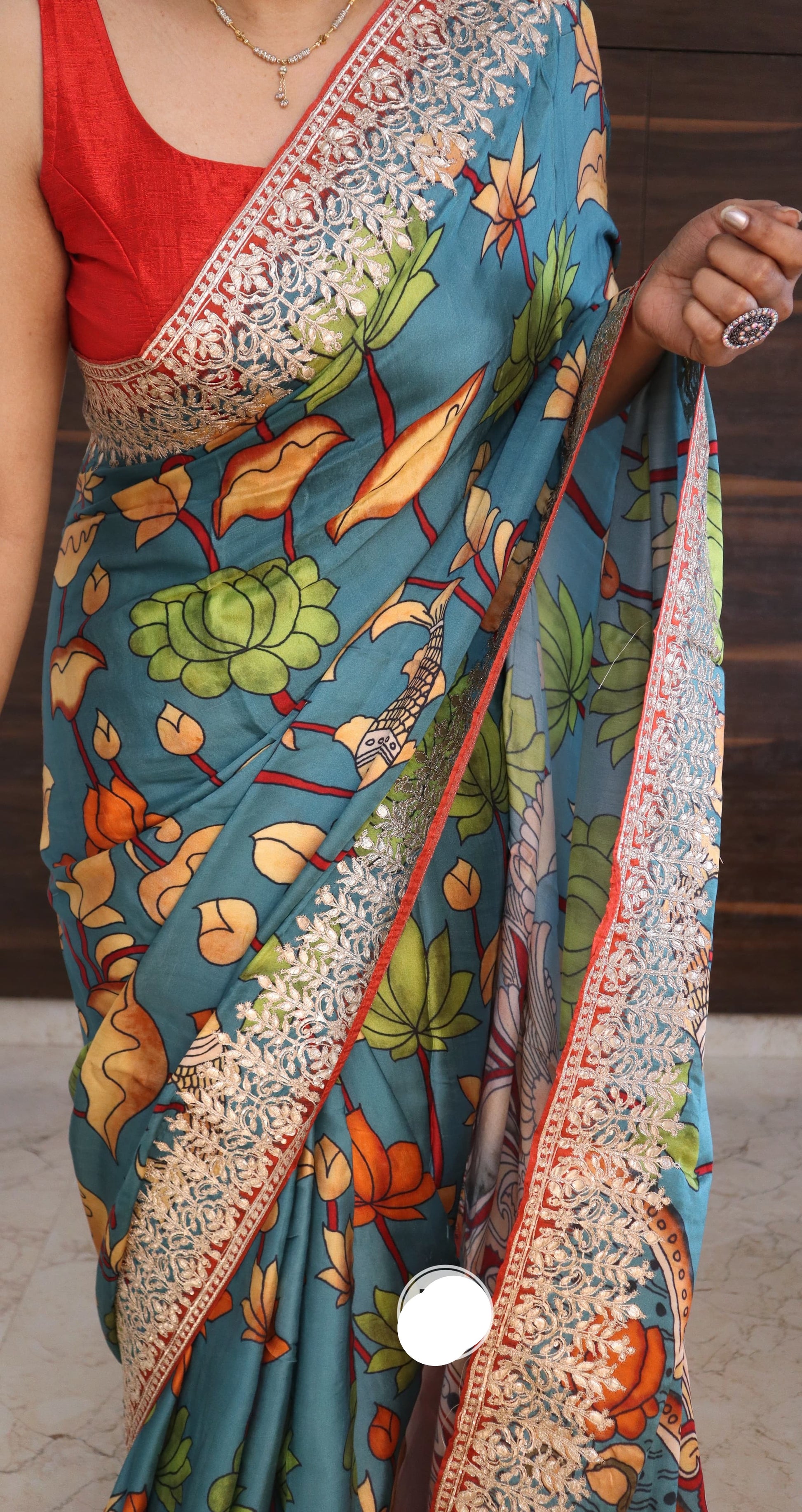Kalamkari Gajji silk saree gottapatti saree - Saffronfashionindia