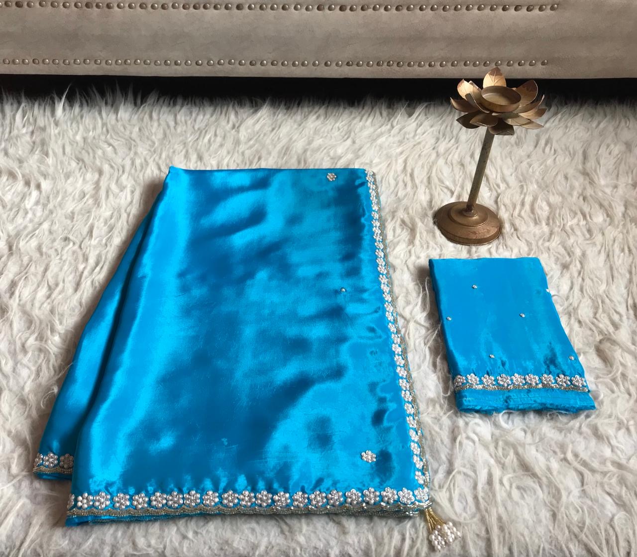 Firoza blue saree crepe silk saree pearl daana saree blouse - Saffronfashionindia