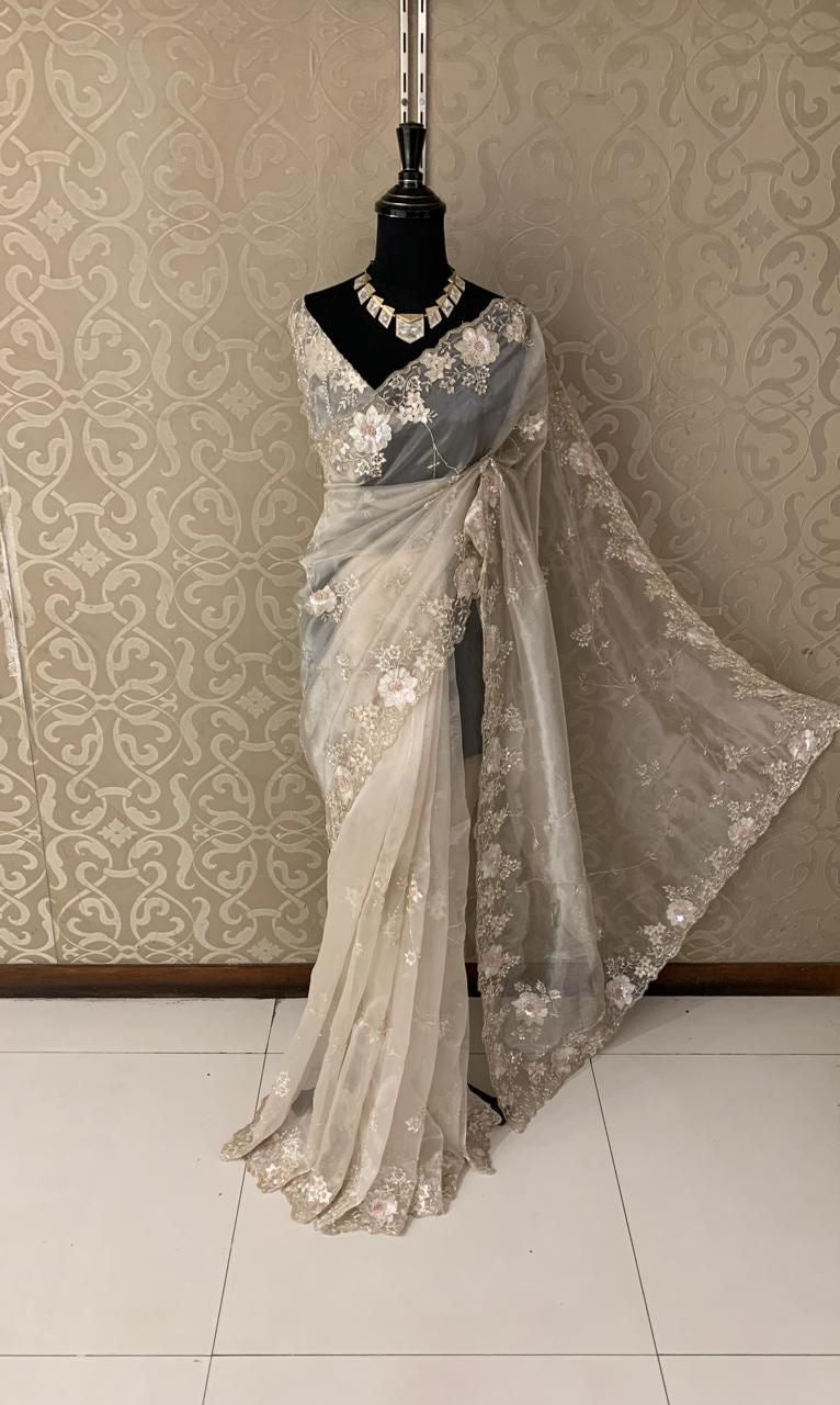 Elegant organza saree sequence sarees women saree blouse - Saffronfashionindia