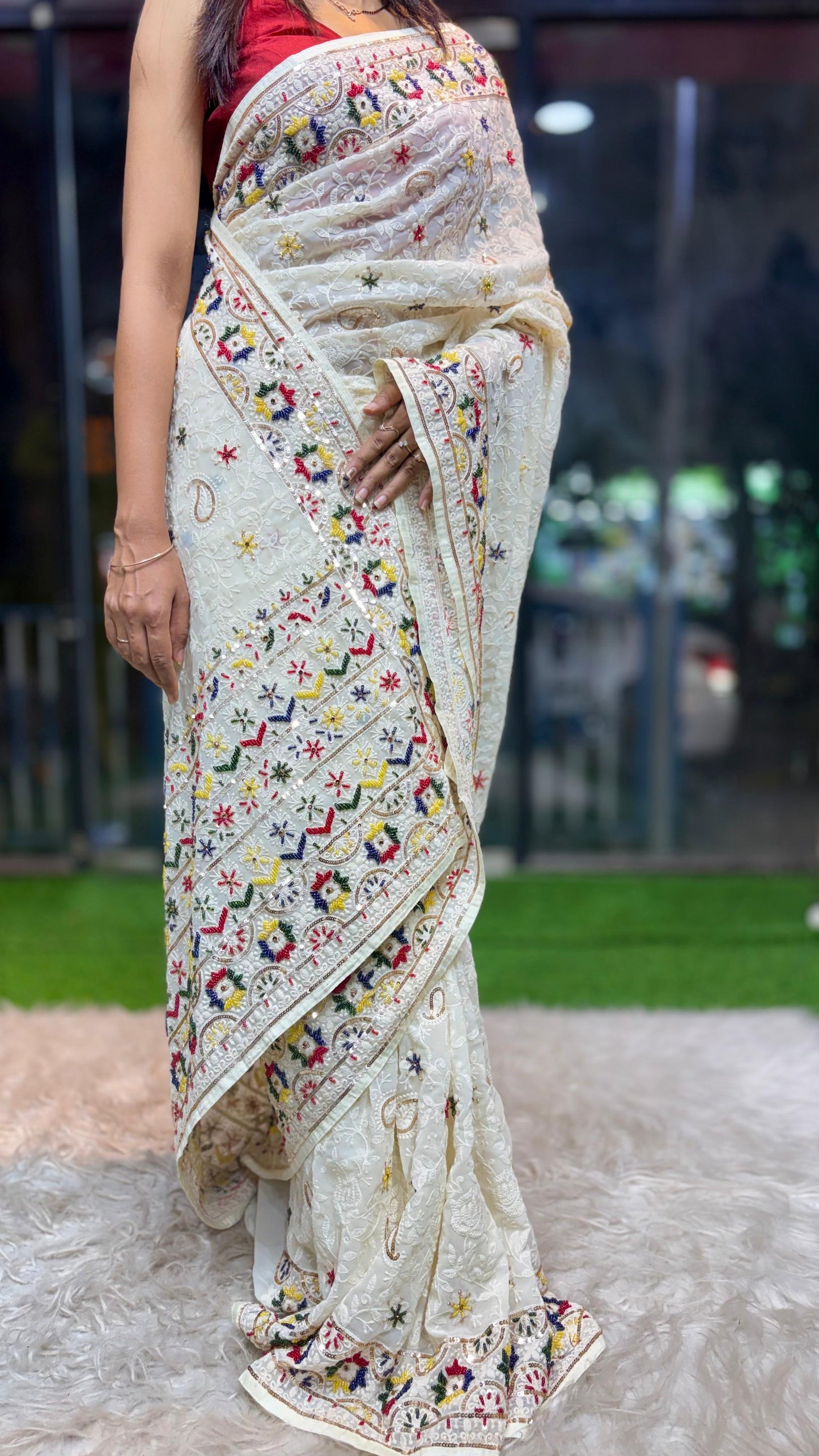 White Chikankari saree gorgette saree Indian saree blouse SaffronFashion