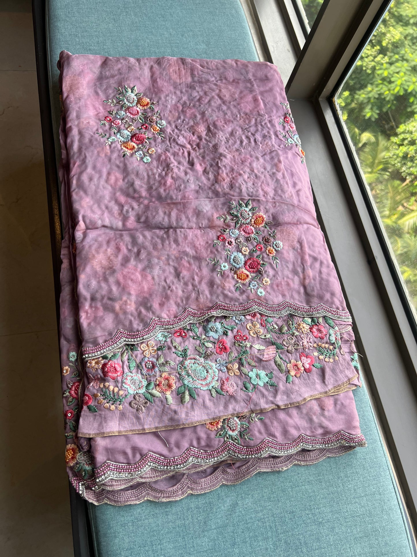 Lavender embroidery saree floral pearl saree reception sari SaffronFashion