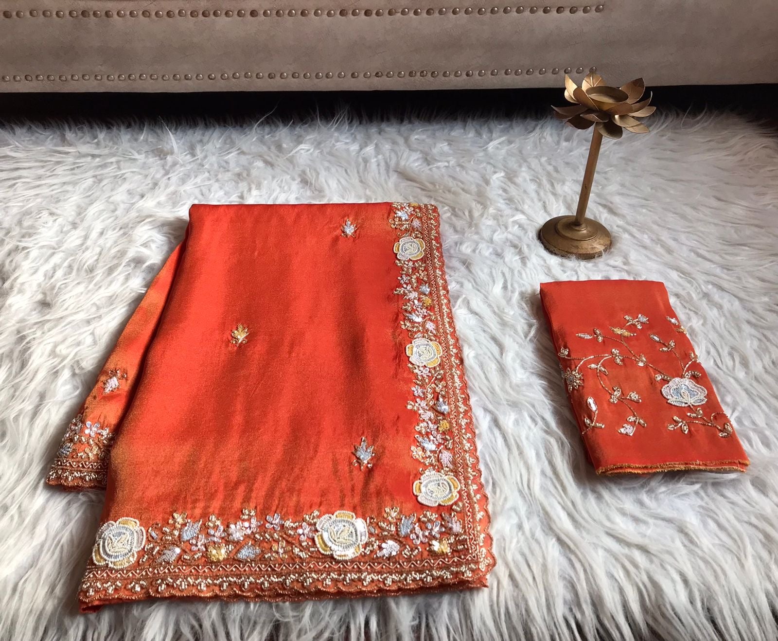 Pearl Orange premium Organza tissue silk sarees - Saffronfashionindia