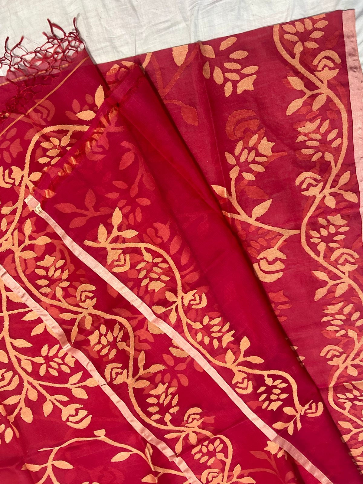 Red hot muslin jamdani sarees - Saffronfashionindia