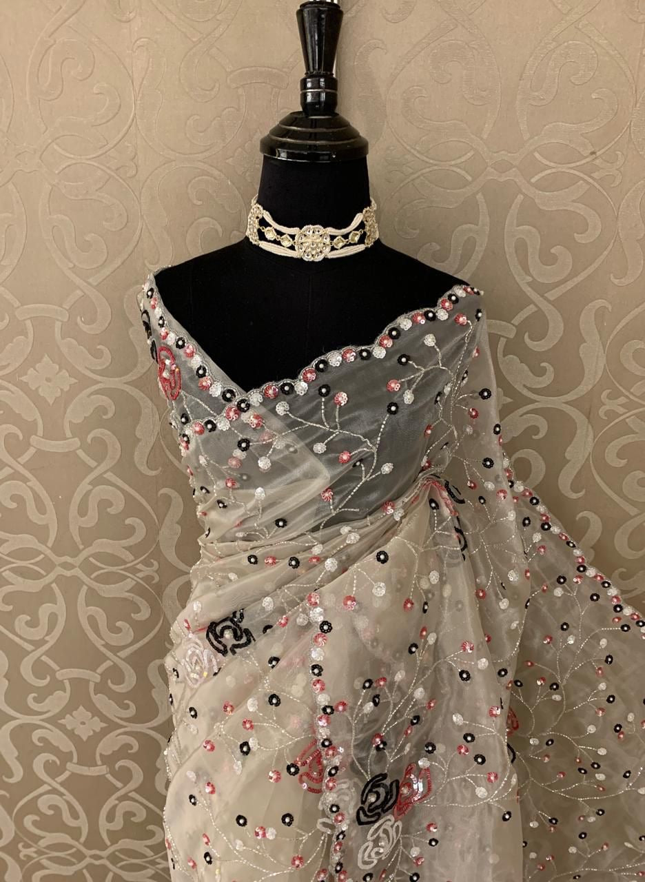 Elegant beautiful organza saree Partywear saree blouse reception saree - Saffronfashionindia