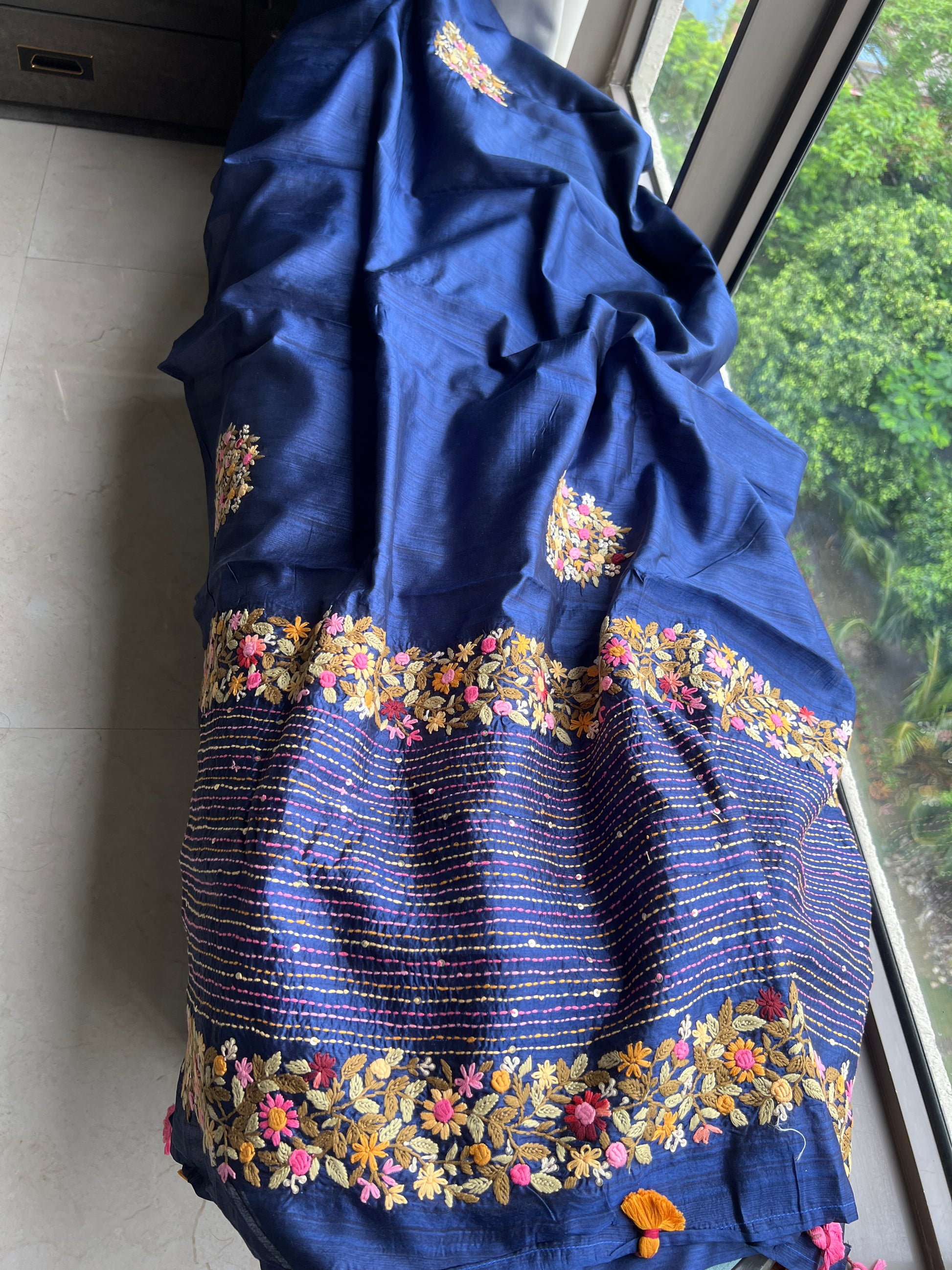 Munga French knot saree royal blue sarees - Saffronfashionindia