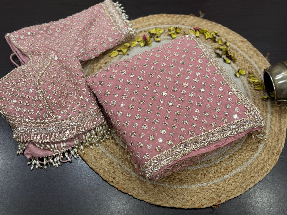 Pink Designer Sequin Embroidered Georgette Saree with Embellished Border & Blouse SaffronFashion