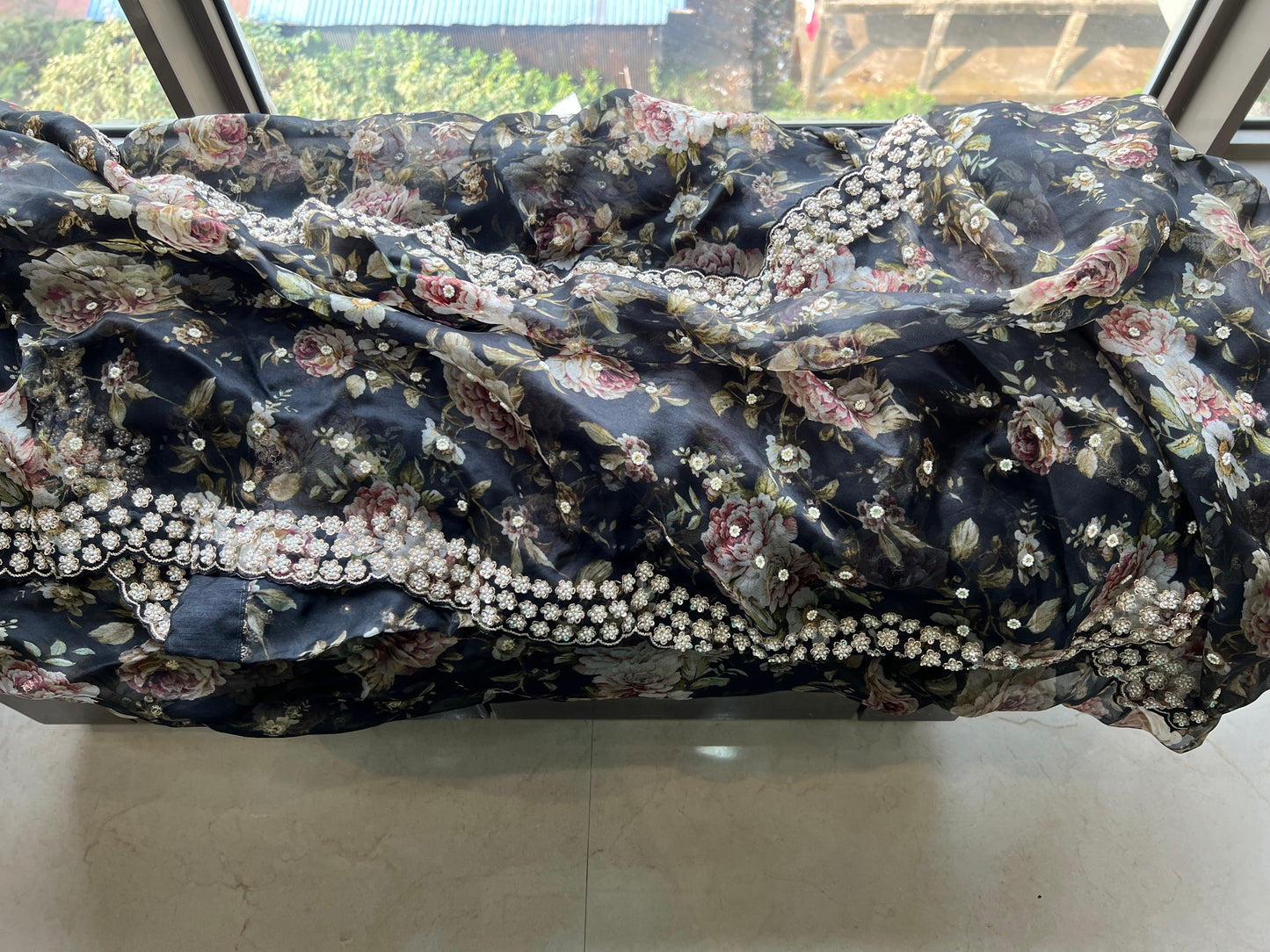Black floral saree Organza saree Indian sari blouse - Saffronfashionindia