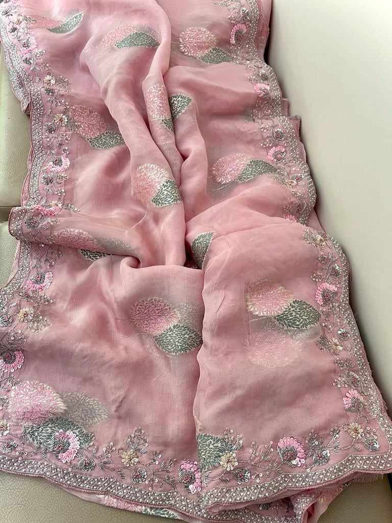Floral weaved handwoven organza saree - Saffronfashionindia
