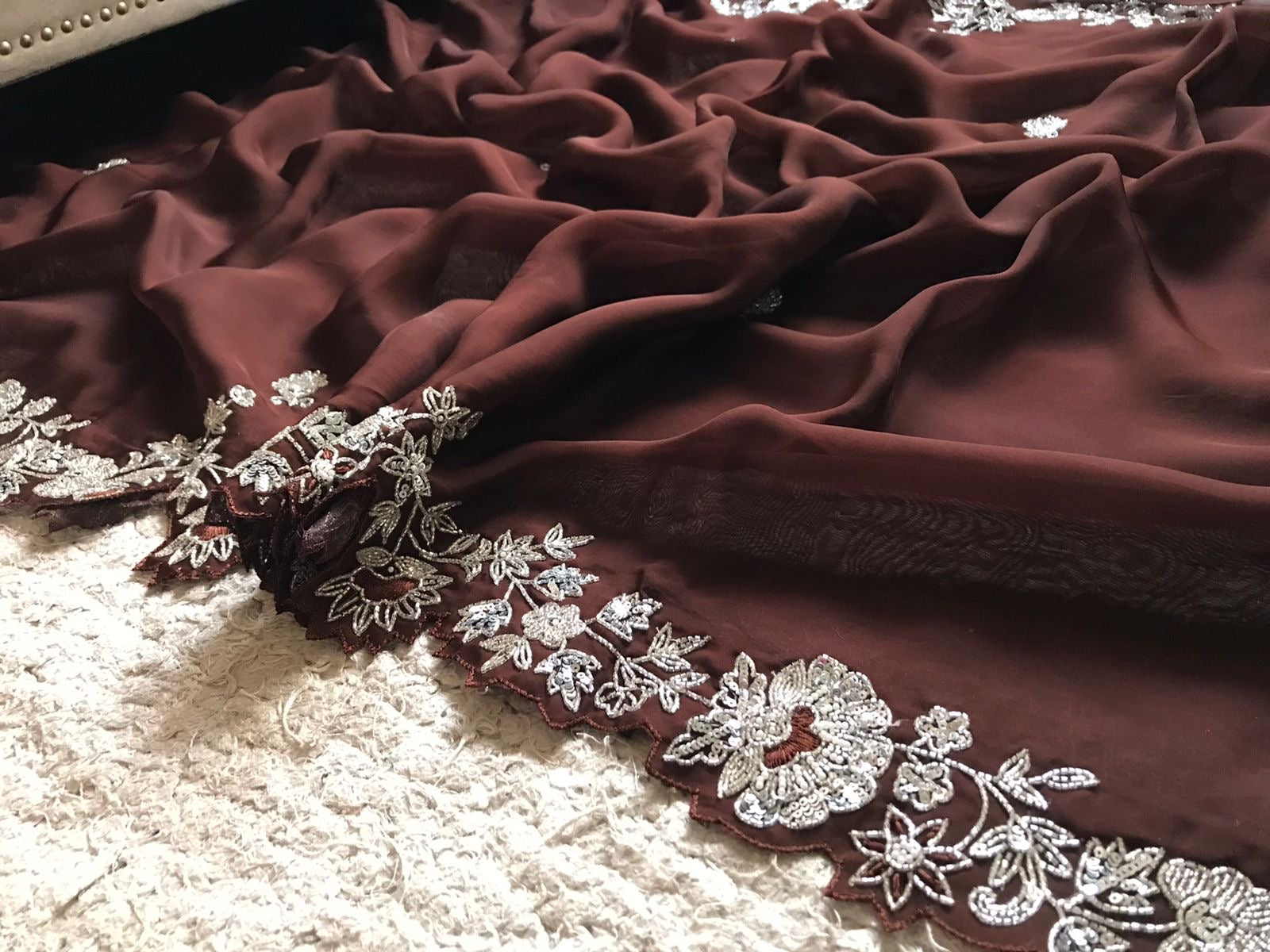Brown organza silk saree premium sarees - Saffronfashionindia
