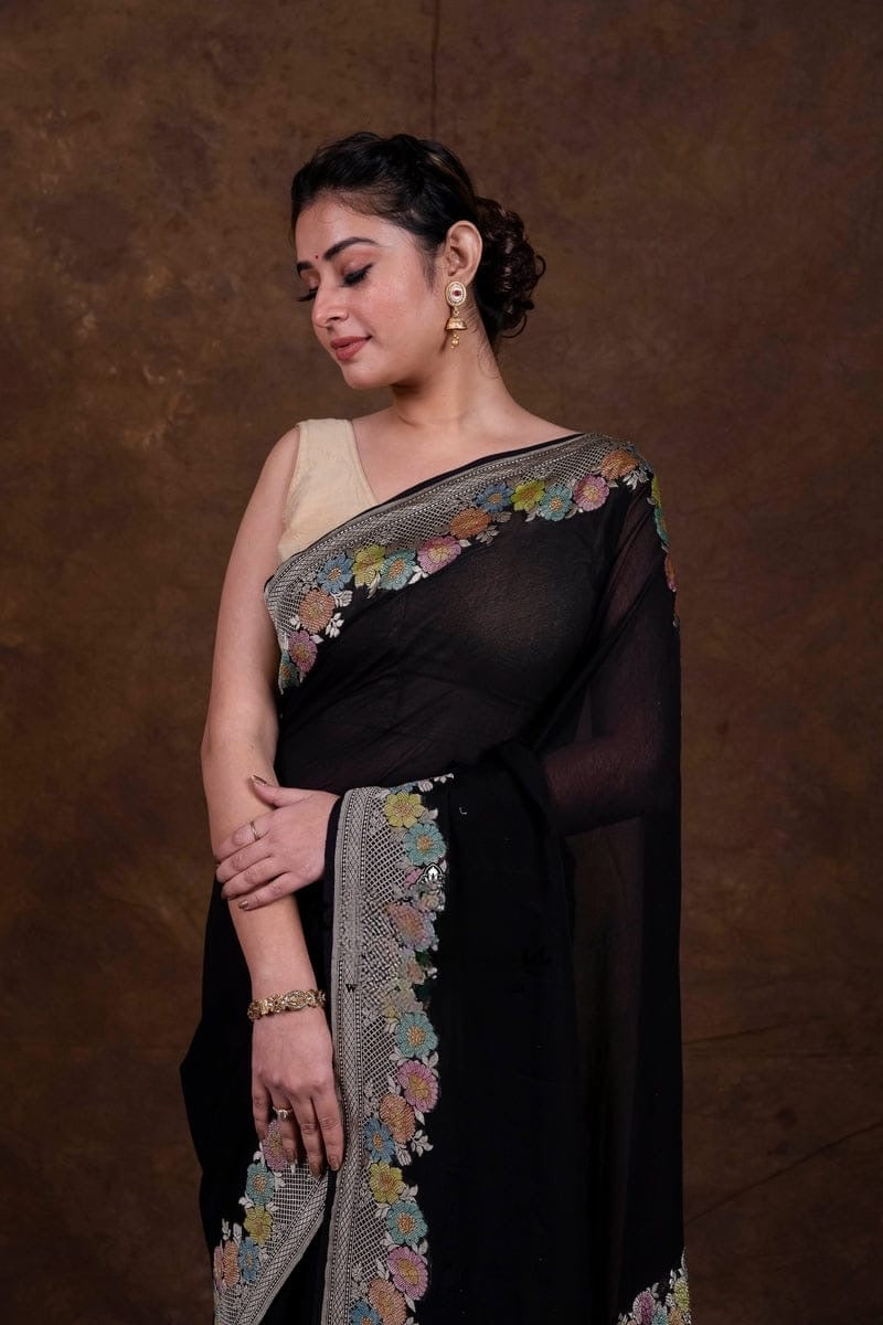 Floral georgette saree khaddi saree Indian sari blouse SaffronFashion