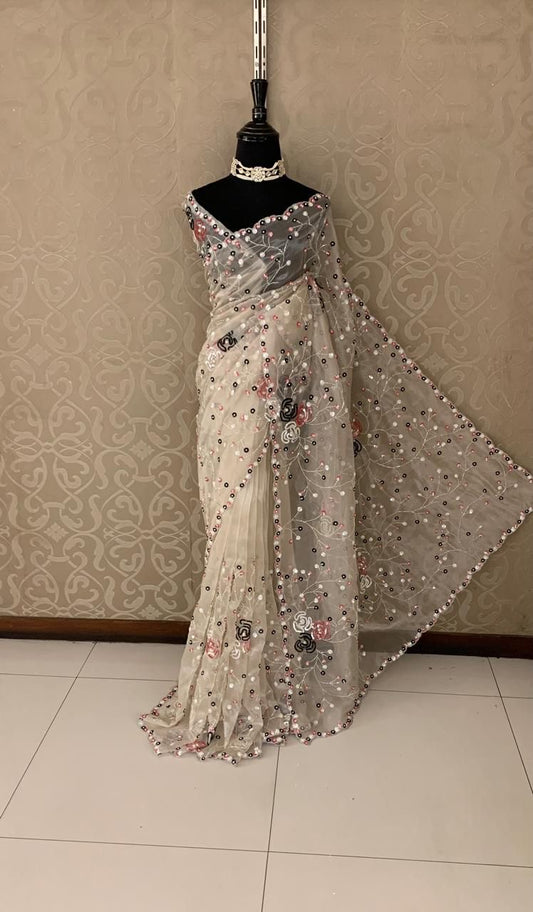 Elegant beautiful organza saree Partywear saree blouse reception saree - Saffronfashionindia