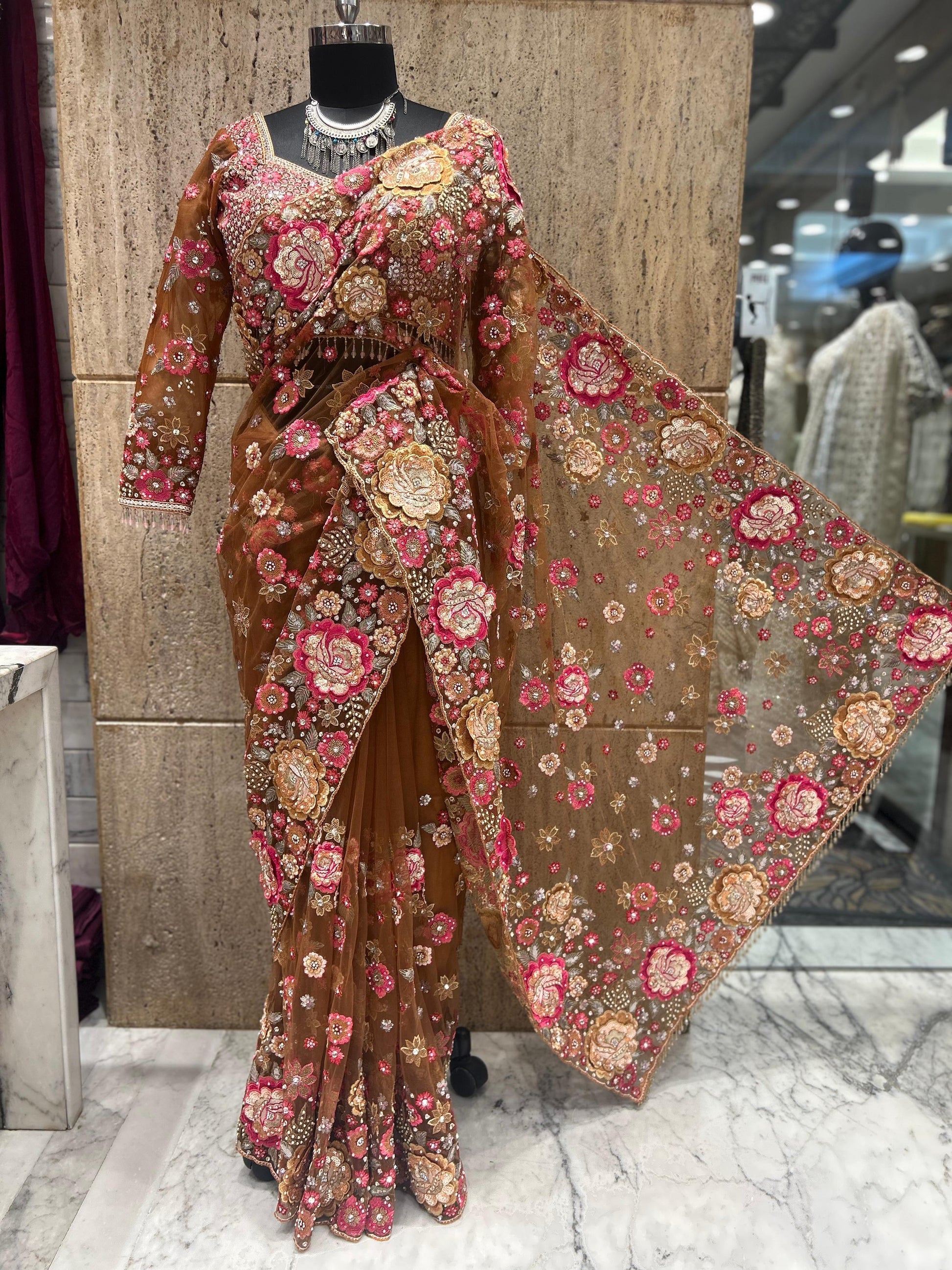 Net beautiful saree Indian wedding sarees Partywear sari blouse Saffronfashionindia