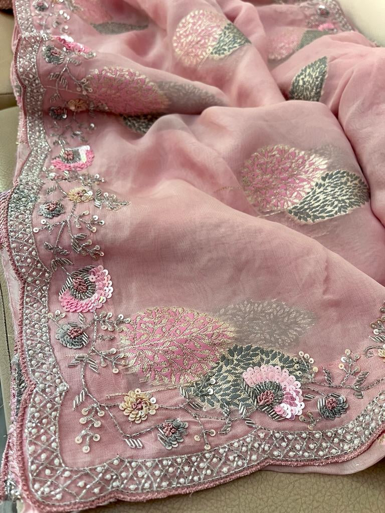 Floral weaved handwoven organza saree - Saffronfashionindia