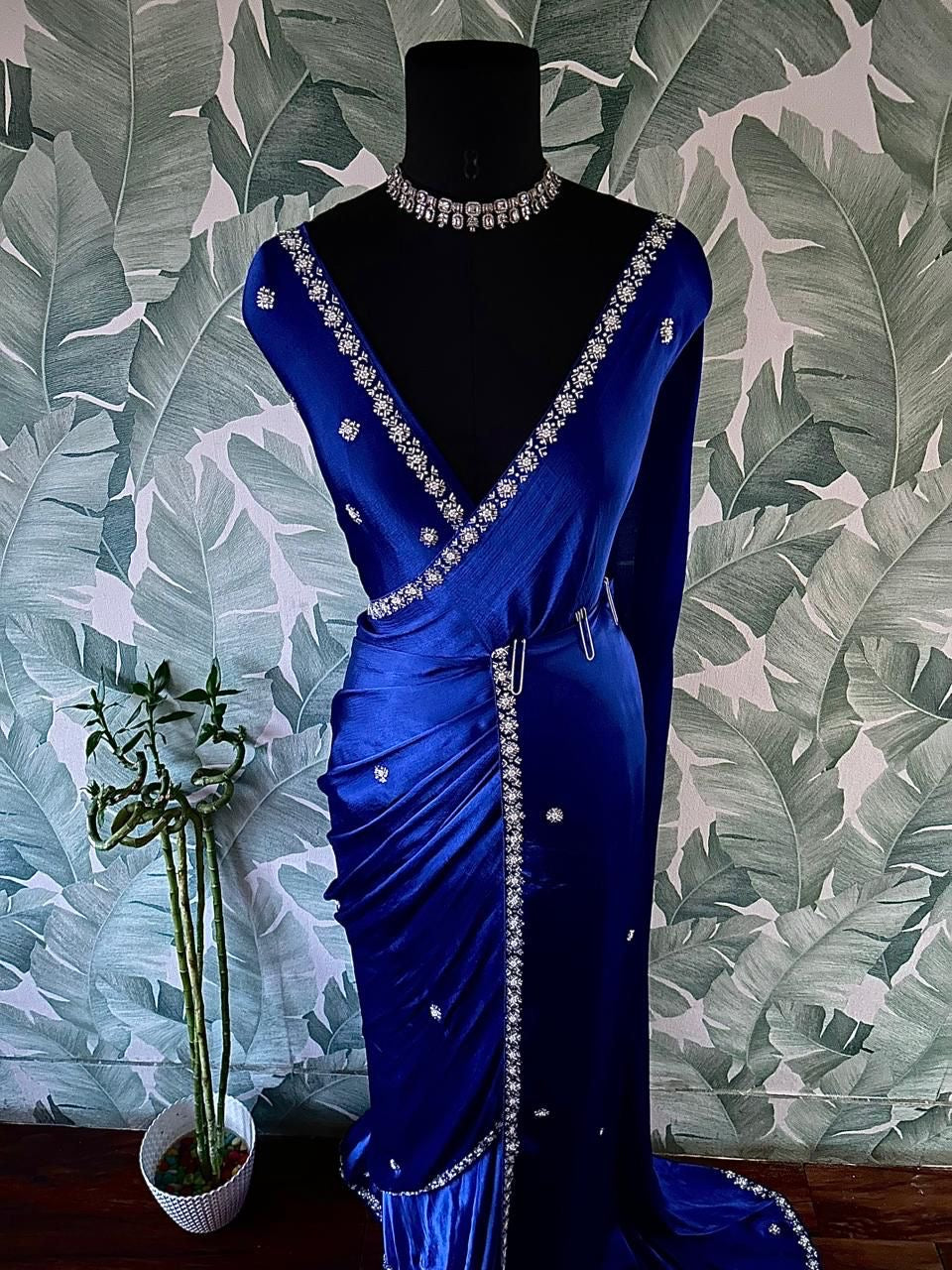 Royal blue premium saree luxury sarees Chinon satin saree blouse - Saffronfashionindia