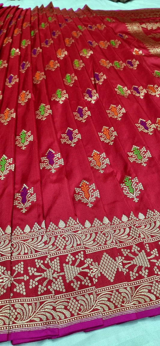 Red bridal Banarsi handwoven kadwa Katan sarees - Saffronfashionindia