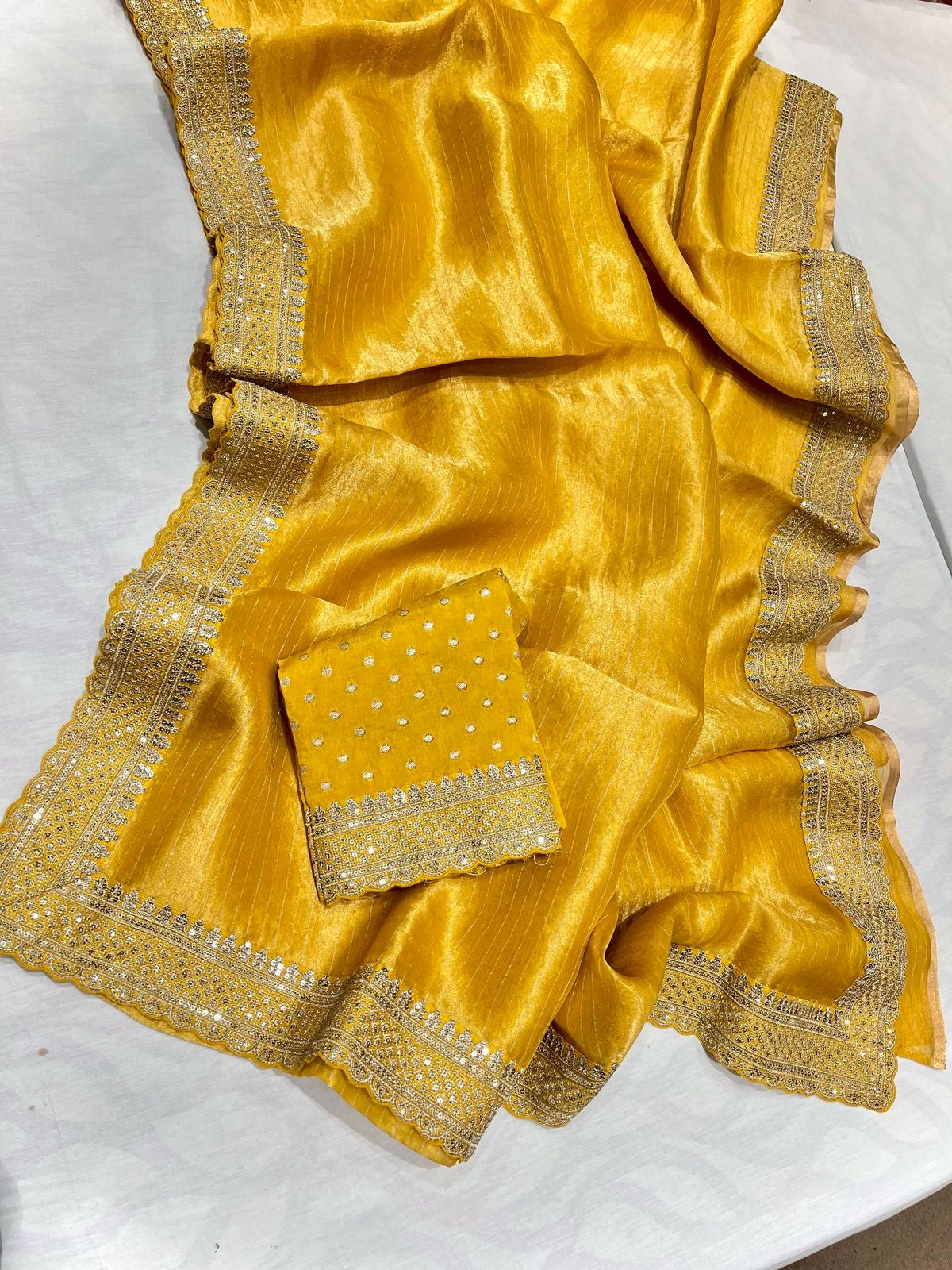 Elegant Tissue saree Indian sari blouse bordered saris SaffronFashion