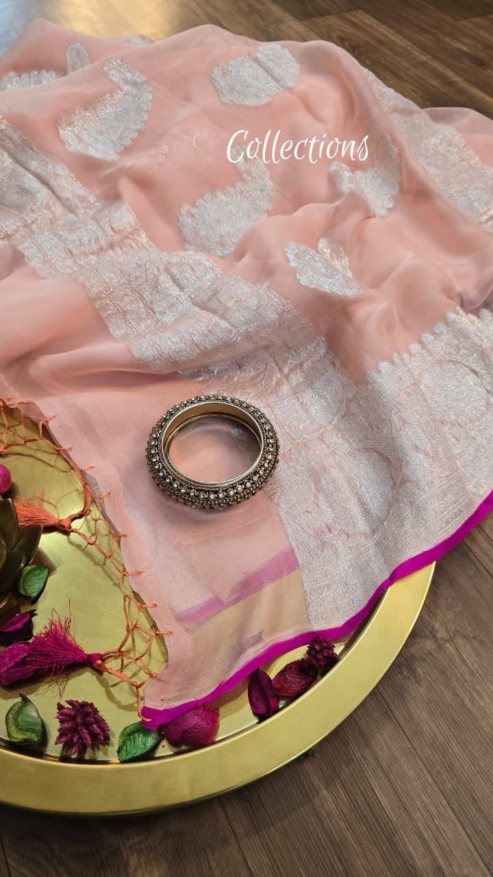 Peach Chiffon saree Banarsi handwoven sarees SaffronFashion
