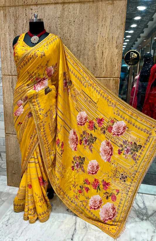Yellow floral saree digital printed saree jacket with blouse Saffronfashionindia