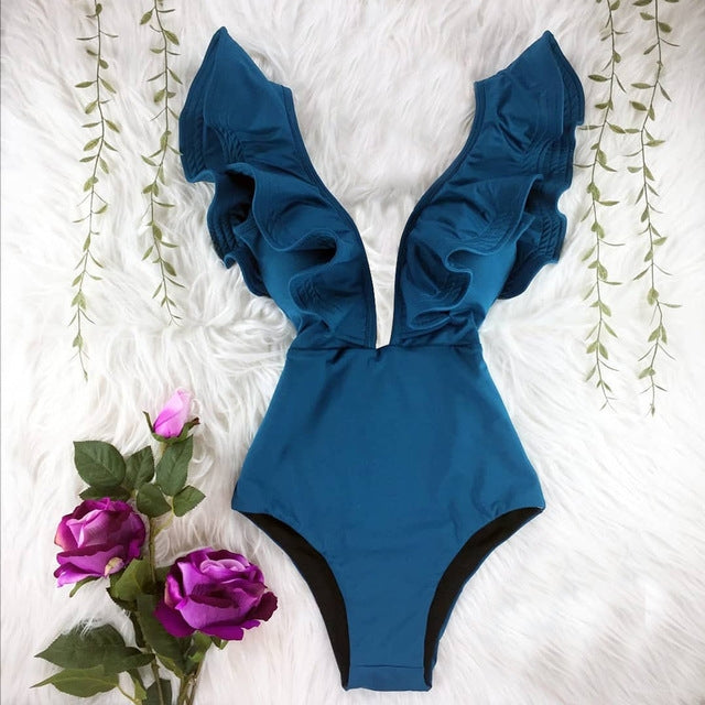 One Piece Swimsuit Women Swimwear Bodysuit Ruffle Beach Wear - Saffronfashionindia