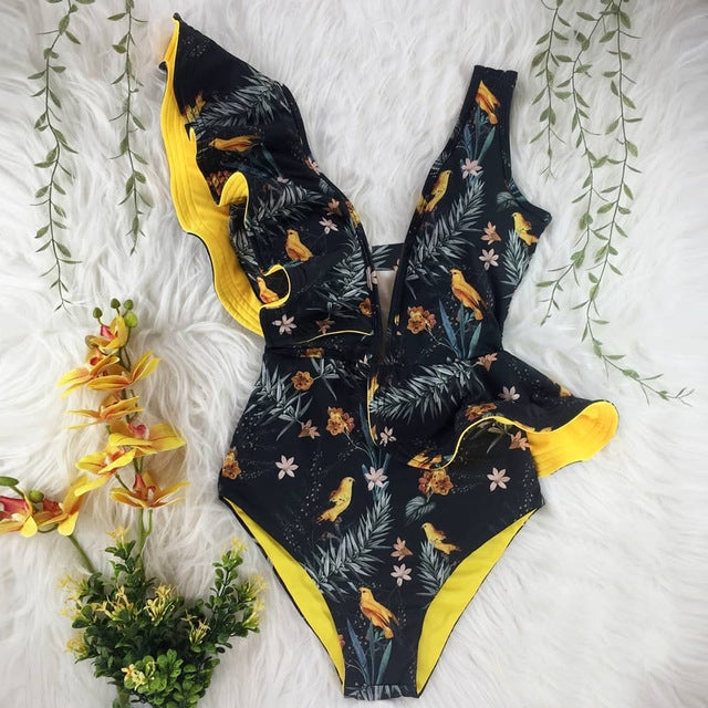 One Piece Swimsuit Women Swimwear Bodysuit Ruffle Beach Wear - Saffronfashionindia