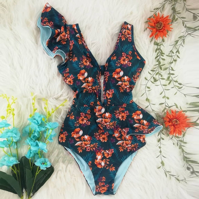 One Piece Swimsuit Women Swimwear Bodysuit Ruffle Beach Wear - Saffronfashionindia