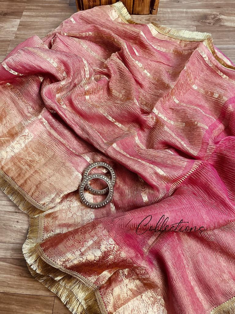 Pink Banarsi kora crushed tissue saree women sarees - Saffronfashionindia